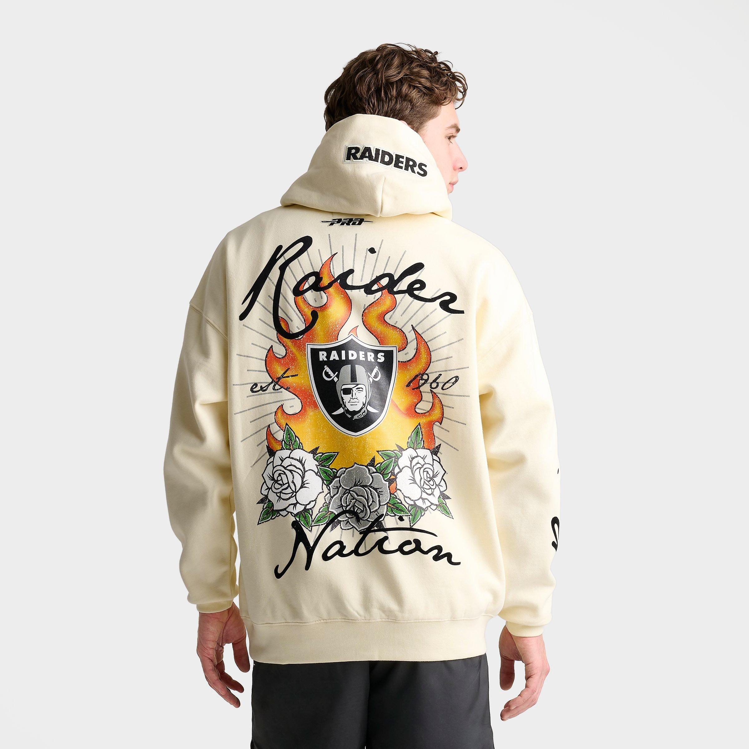 Pro Standard Men's Las Vegas Raiders NFL Fire and Roses Drop Shoulder Pullover Hoodie in Cream Size: Small