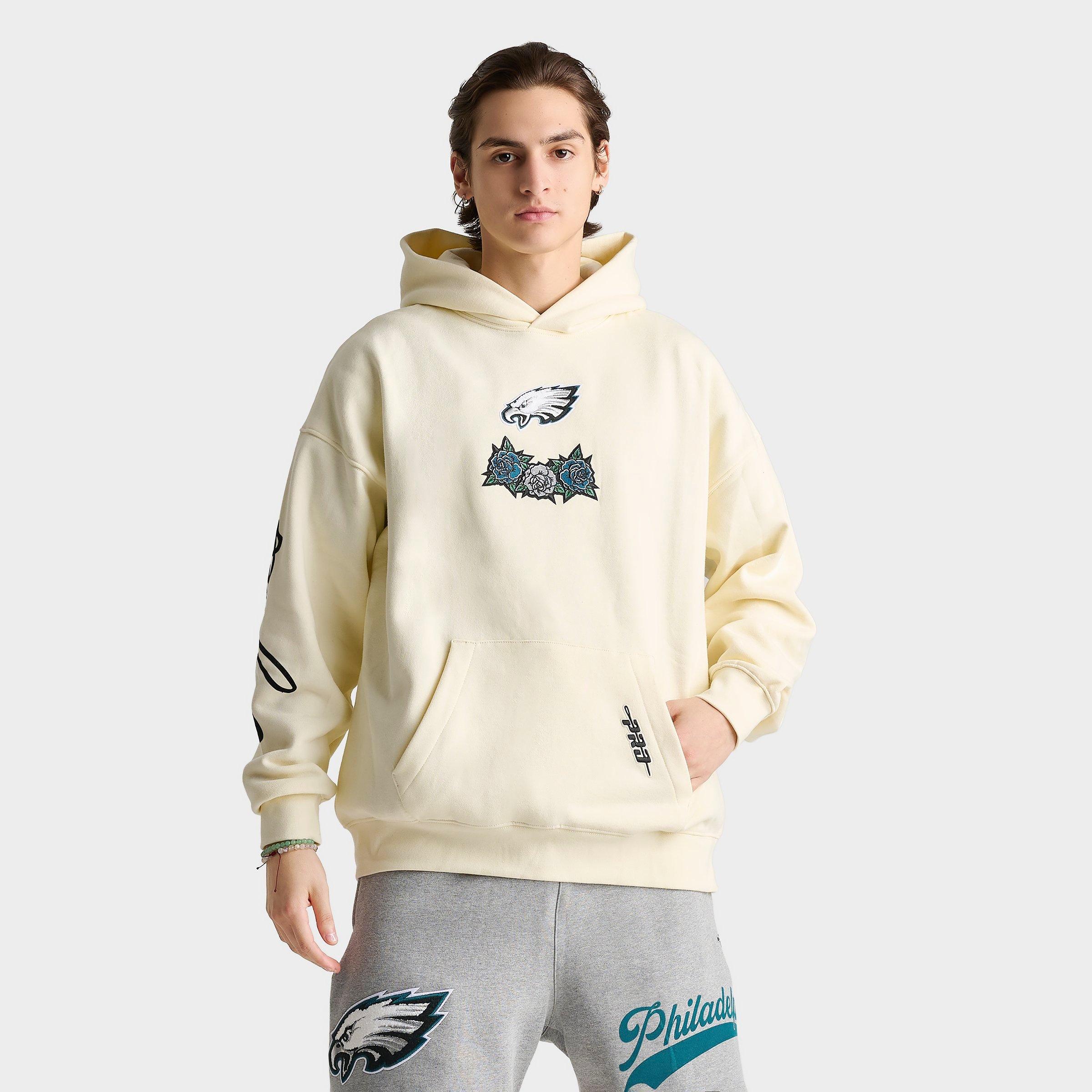 Pro Standard Men's Philadelphia Eagles NFL Fire and Roses Drop Shoulder Pullover Hoodie in Cream Size: Small