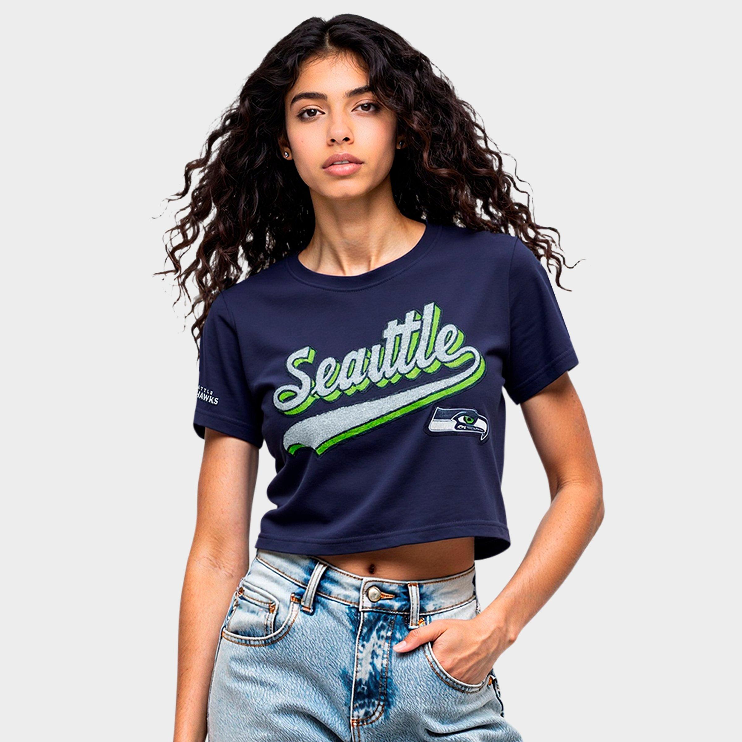 Pro Standard Women's Seattle Seahawks NFL Script Tail Single Jersey Boxy T-Shirt in Midnight Navy Size: XS