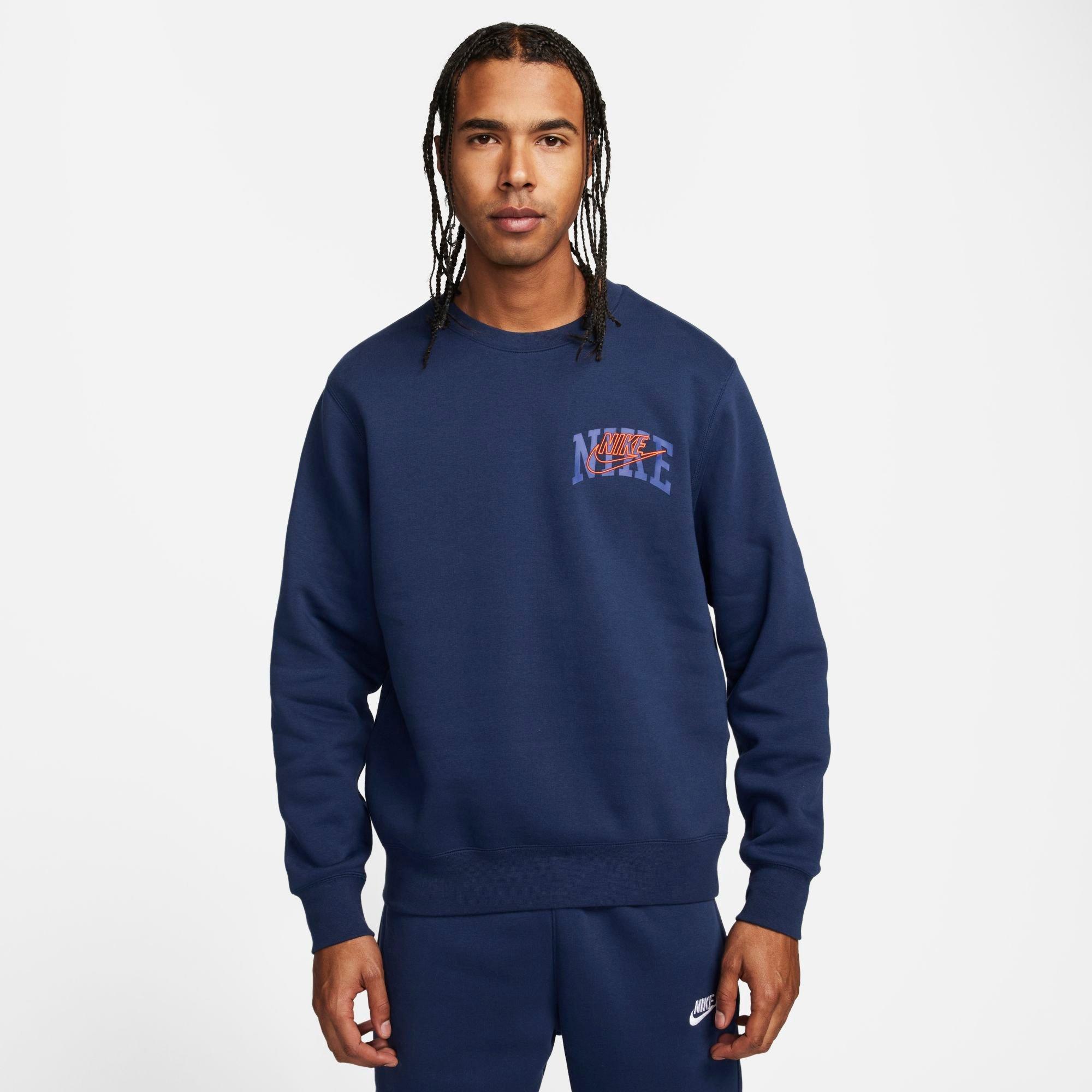 Shop Nike Men's Club Fleece Varsity Graphic Long-sleeve Crewneck Sweatshirt In Midnight Navy/safety Orange