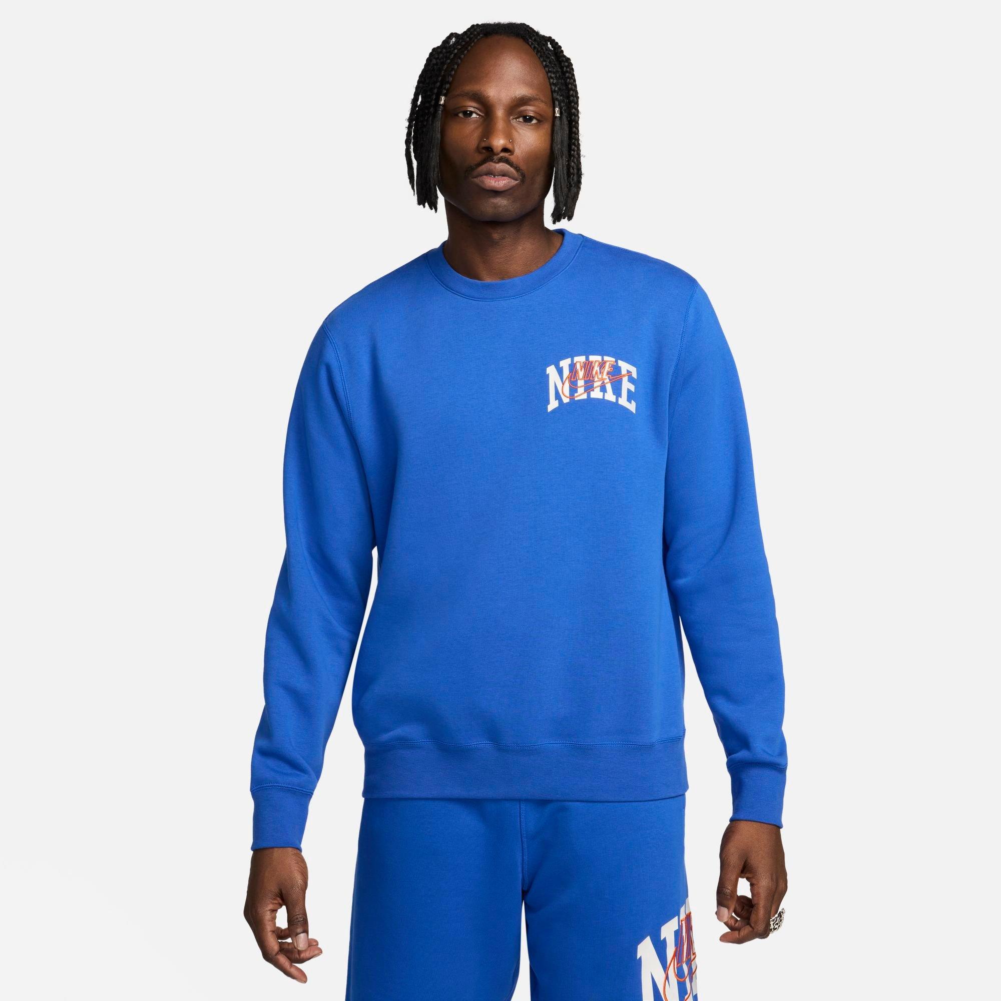 Shop Nike Men's Club Fleece Varsity Graphic Long-sleeve Crewneck Sweatshirt In Game Royal/safety Orange