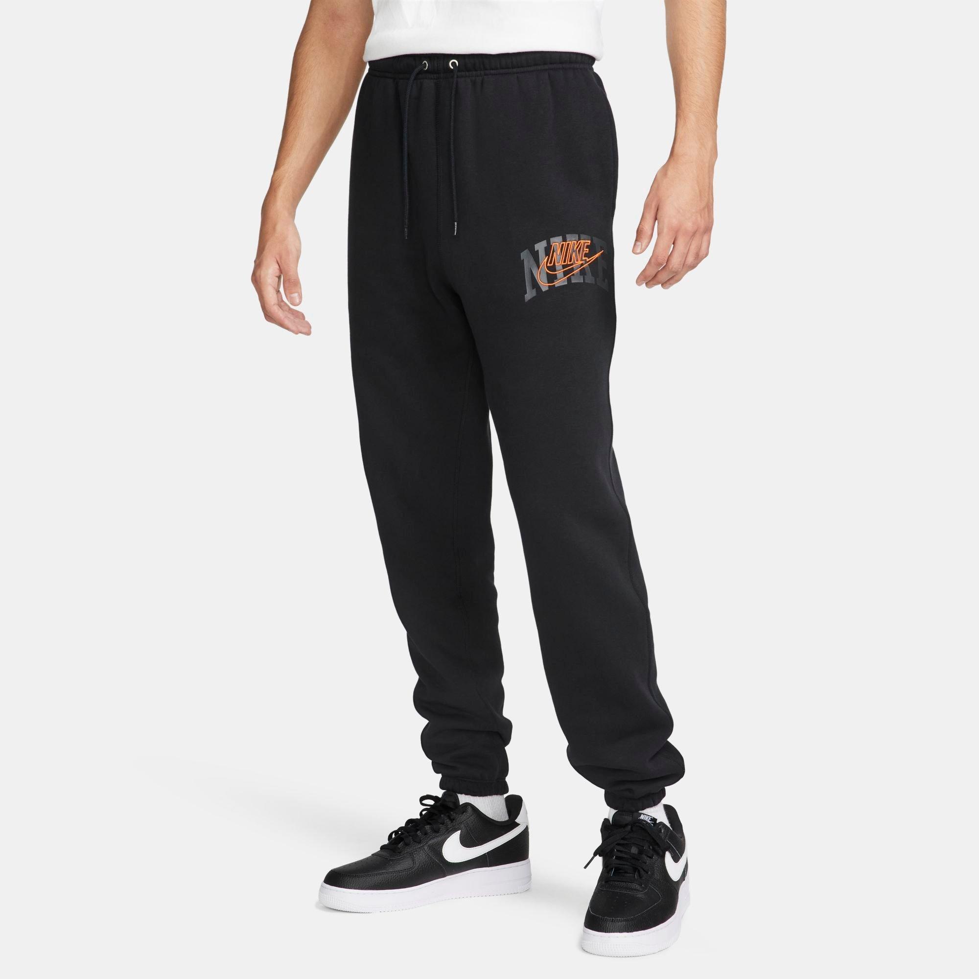 Shop Nike Men's Club Fleece Arched Varsity Graphic Cuffed Sweatpants In Black/safety Orange