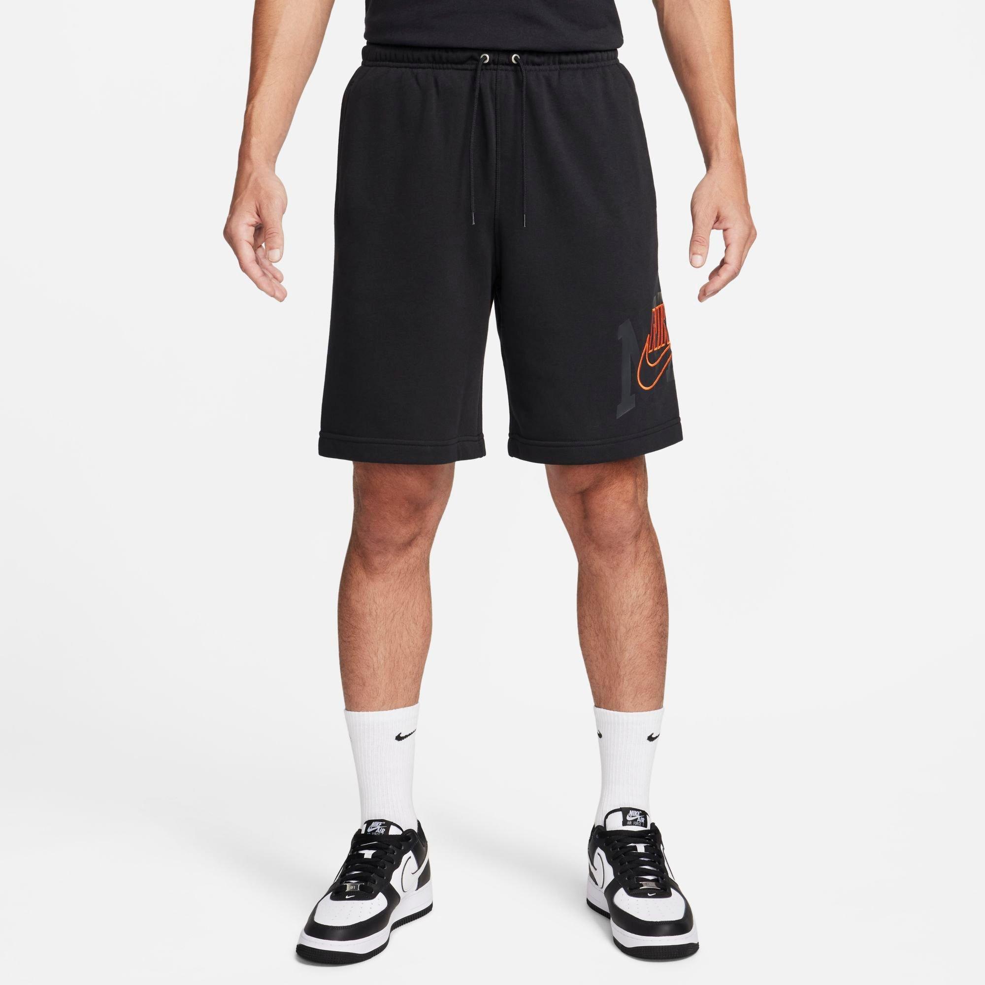 Shop Nike Men's Club Futura Graphic French Terry Shorts In Black/safety Orange