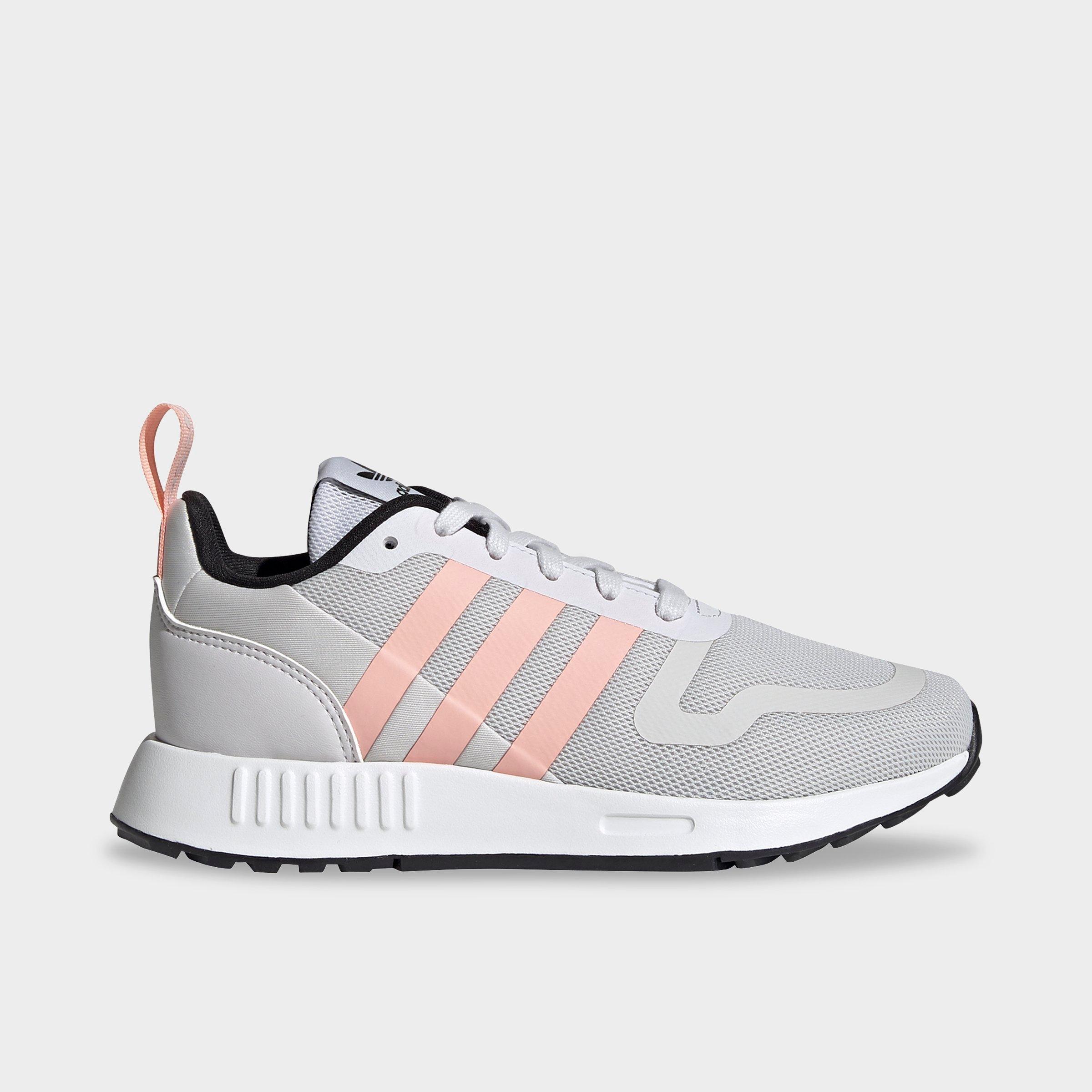 grey adidas trainers with pink stripes