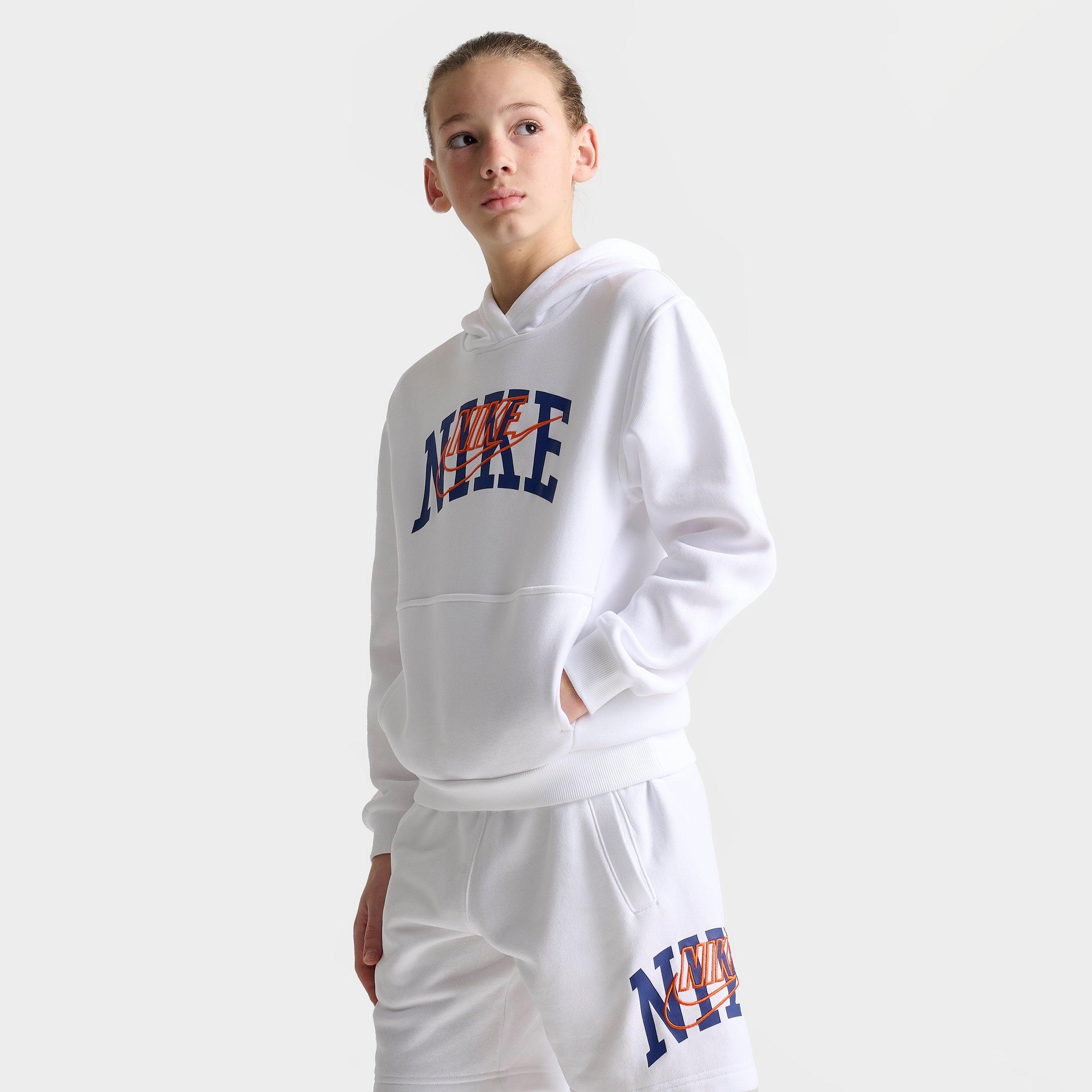 Shop Nike Kids' Sportswear Club Fleece Arch Logo Pullover Hoodie In White/safety Orange