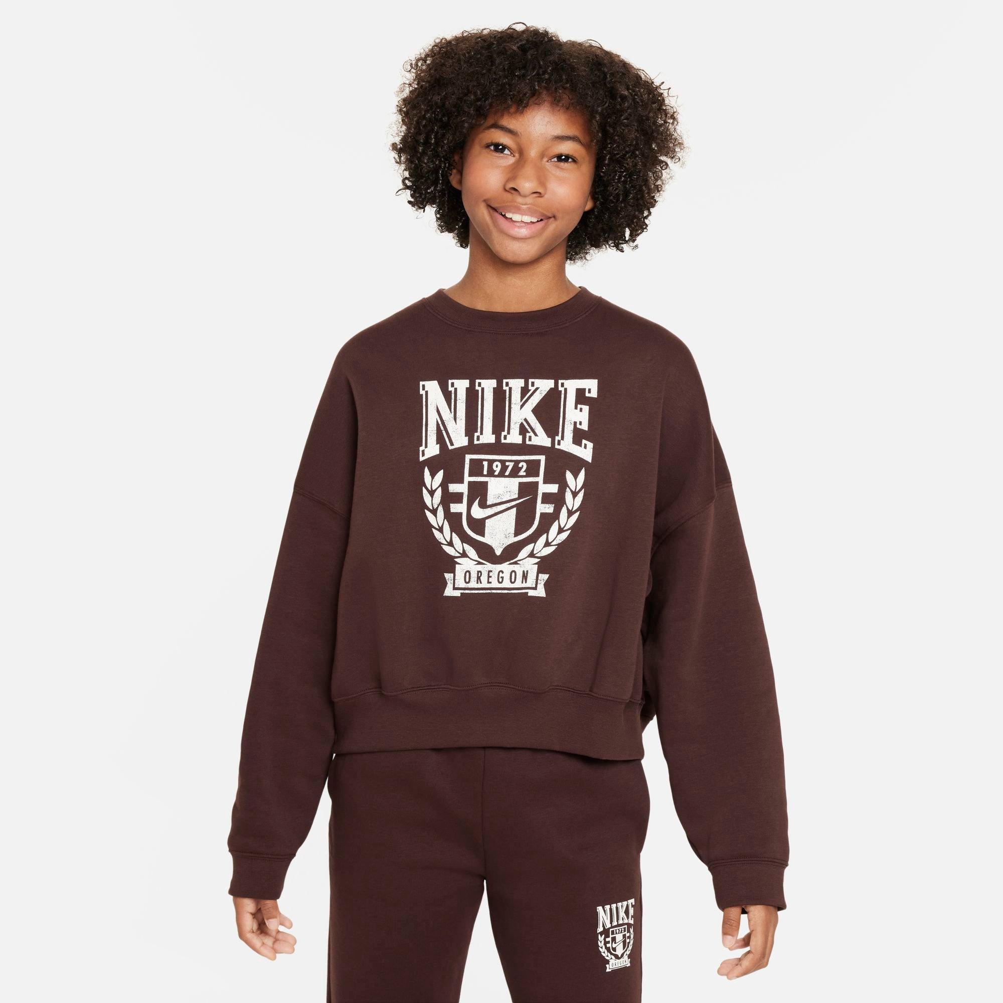 Shop Nike Girls' Sportswear Oversized Fleece Crewneck Sweatshirt In Earth