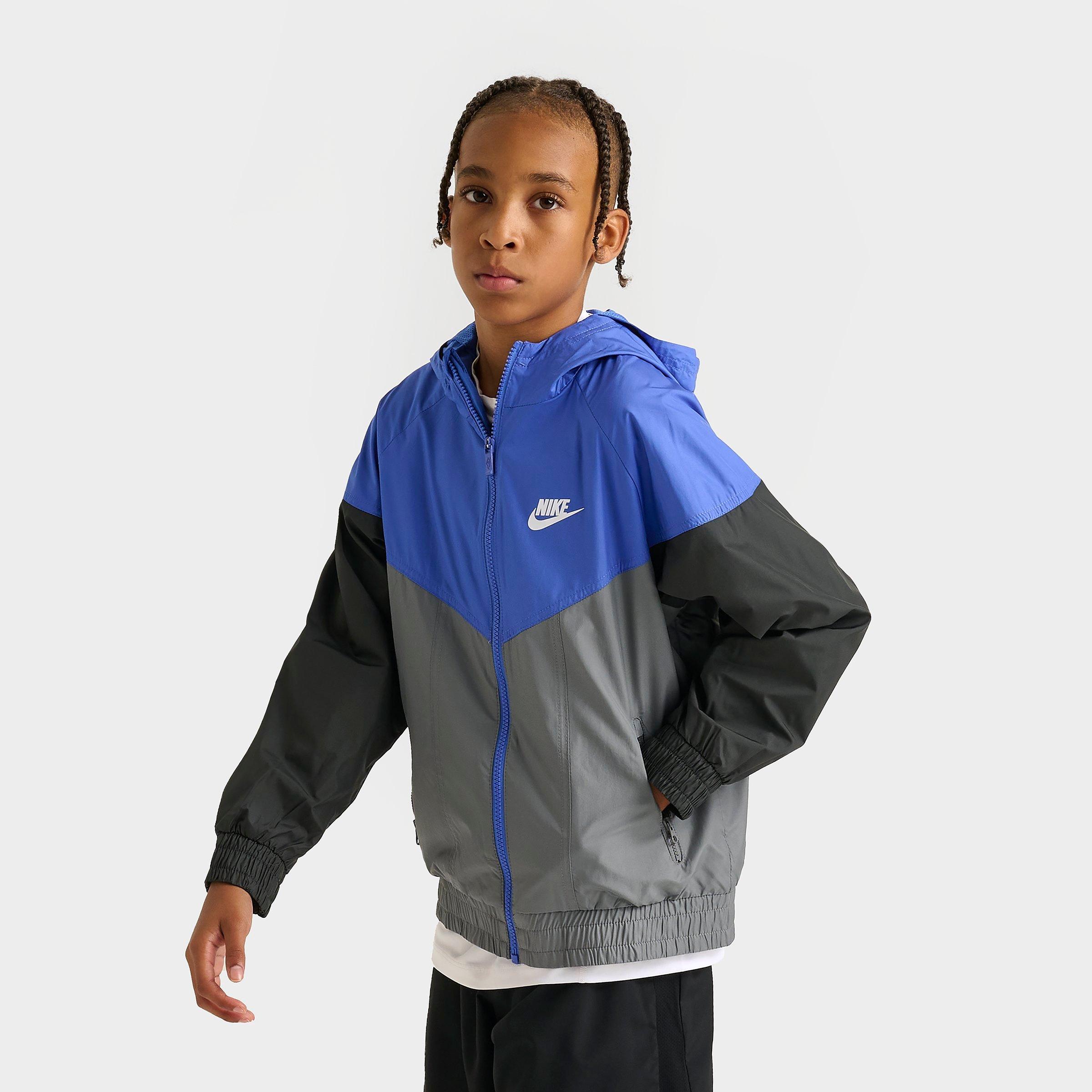 Nike Big Kids Sportswear Windrunner Hooded Jacket in Comet Blue/Smoke Grey/Anthracite Size: Small
