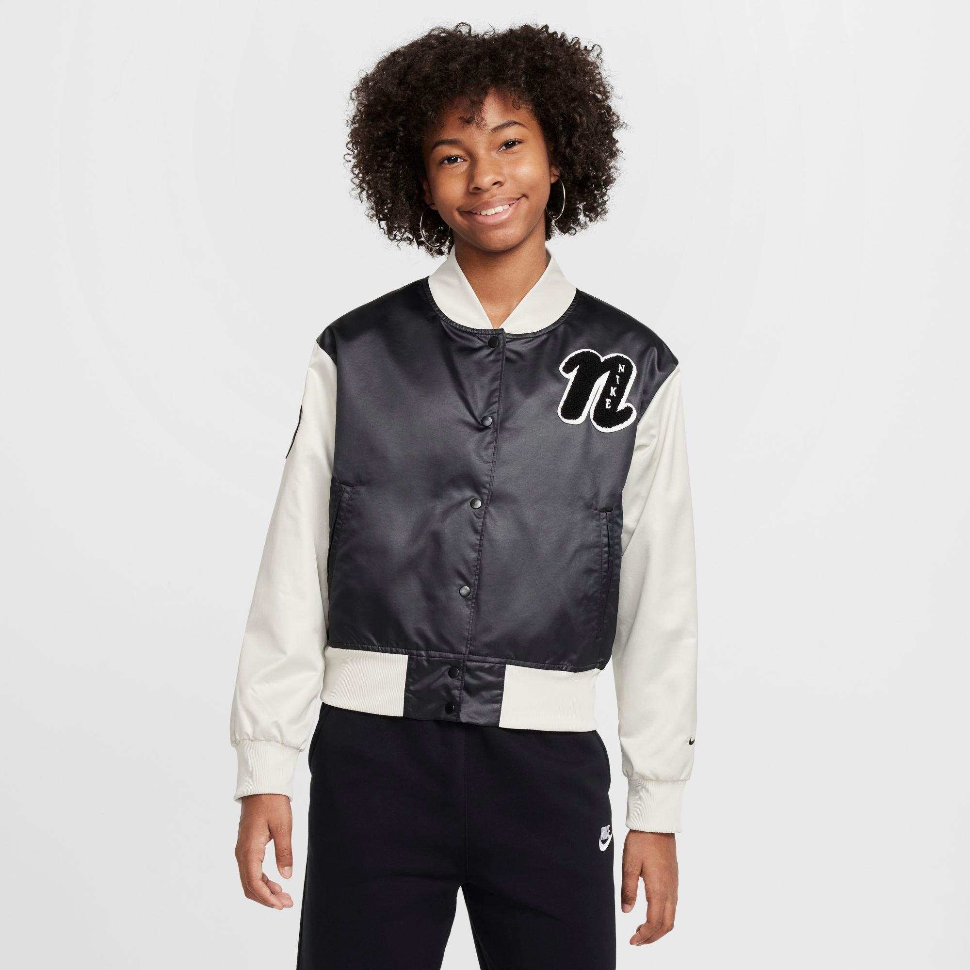 Nike Girls' Big Kids Sportswear Varsity Jacket in Black/Light Bone Size: XS