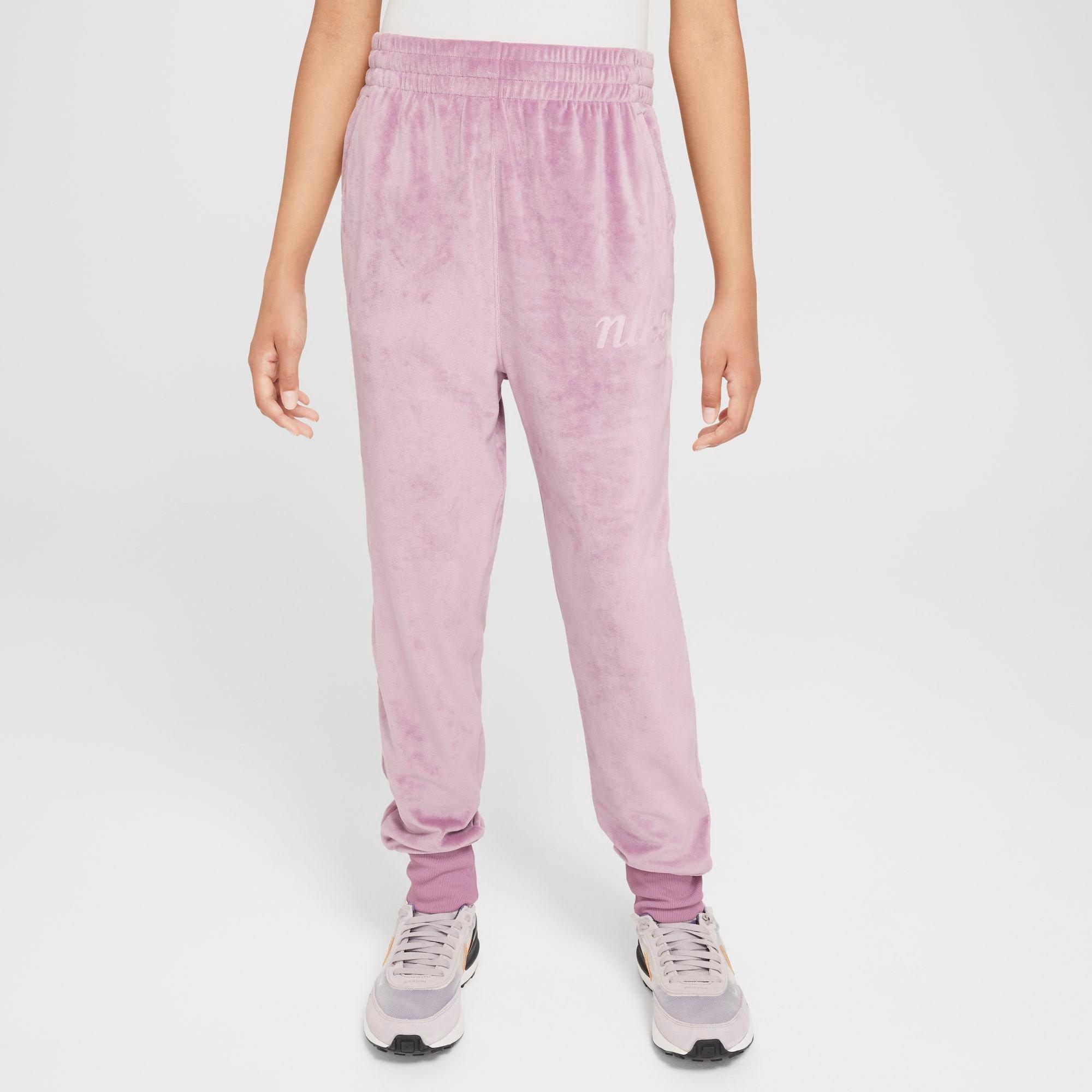 Nike Girls' Sportswear Club Fleece Velour Jogger Pants in Pink/Plum Dust Size Large Polyester/Fleece/Velvet