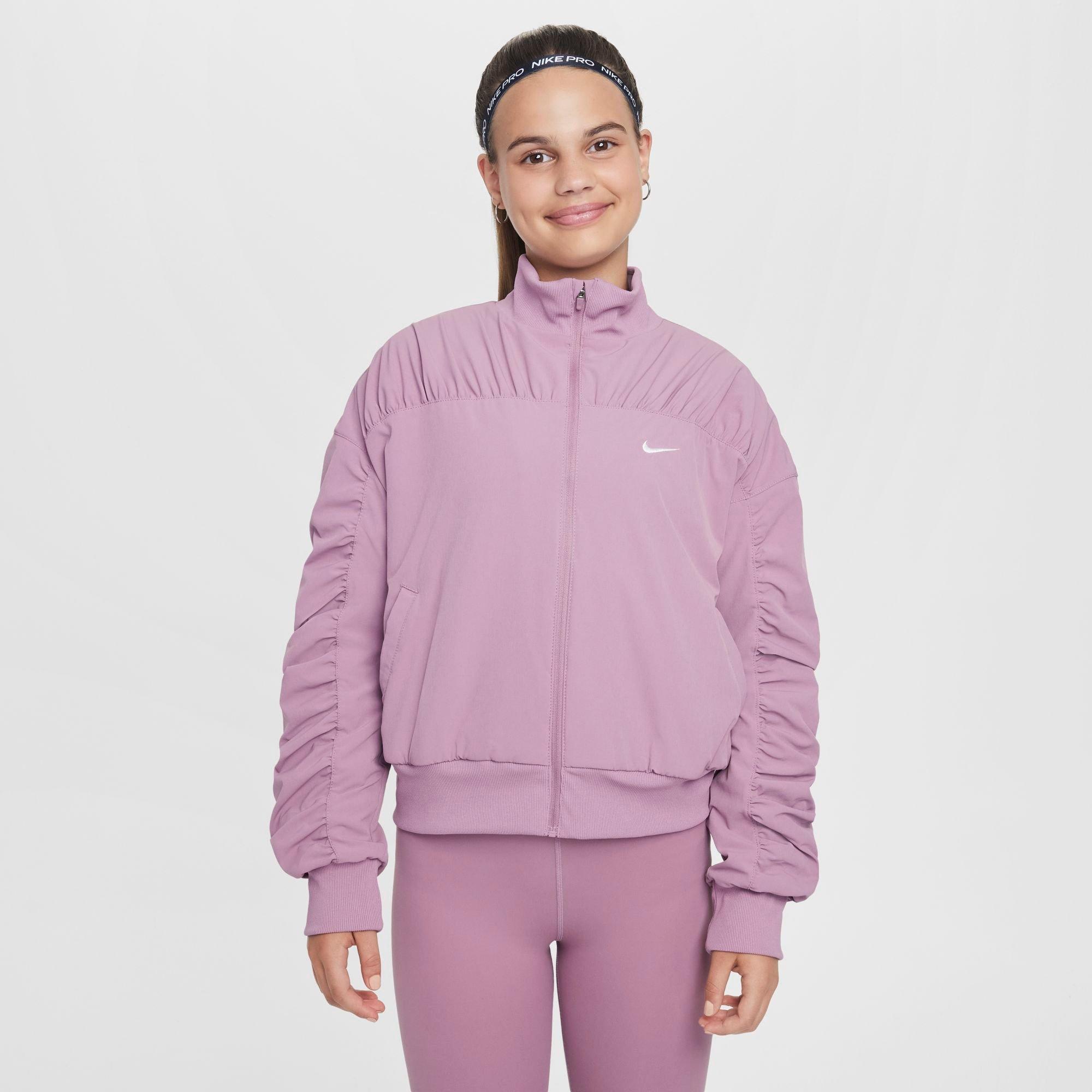 Nike Girls' Dri-FIT Training Jacket in Pink/Plum Dust Size XL Polyester/Fleece/Spandex