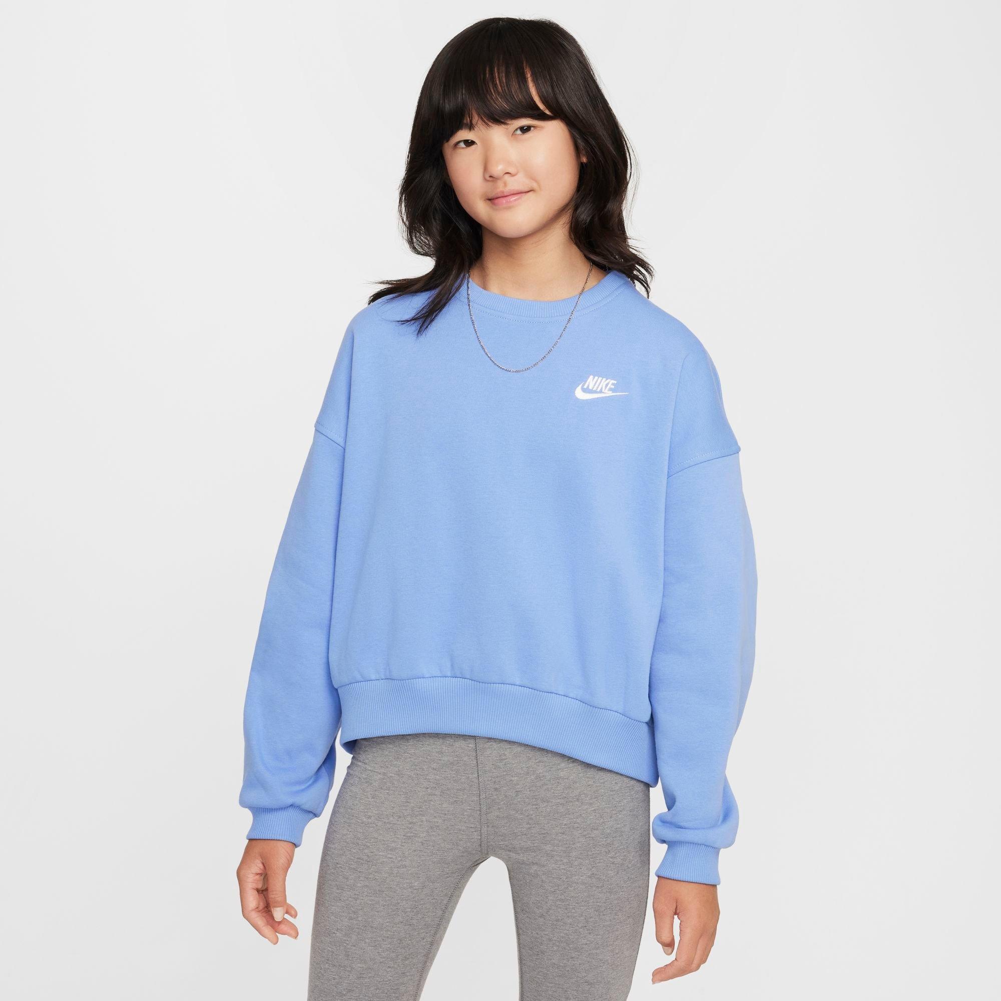 Nike Girls' Big Kids Sportswear Club Fleece Boxy Crewneck Sweatshirt in Royal Pulse/White Size: XS