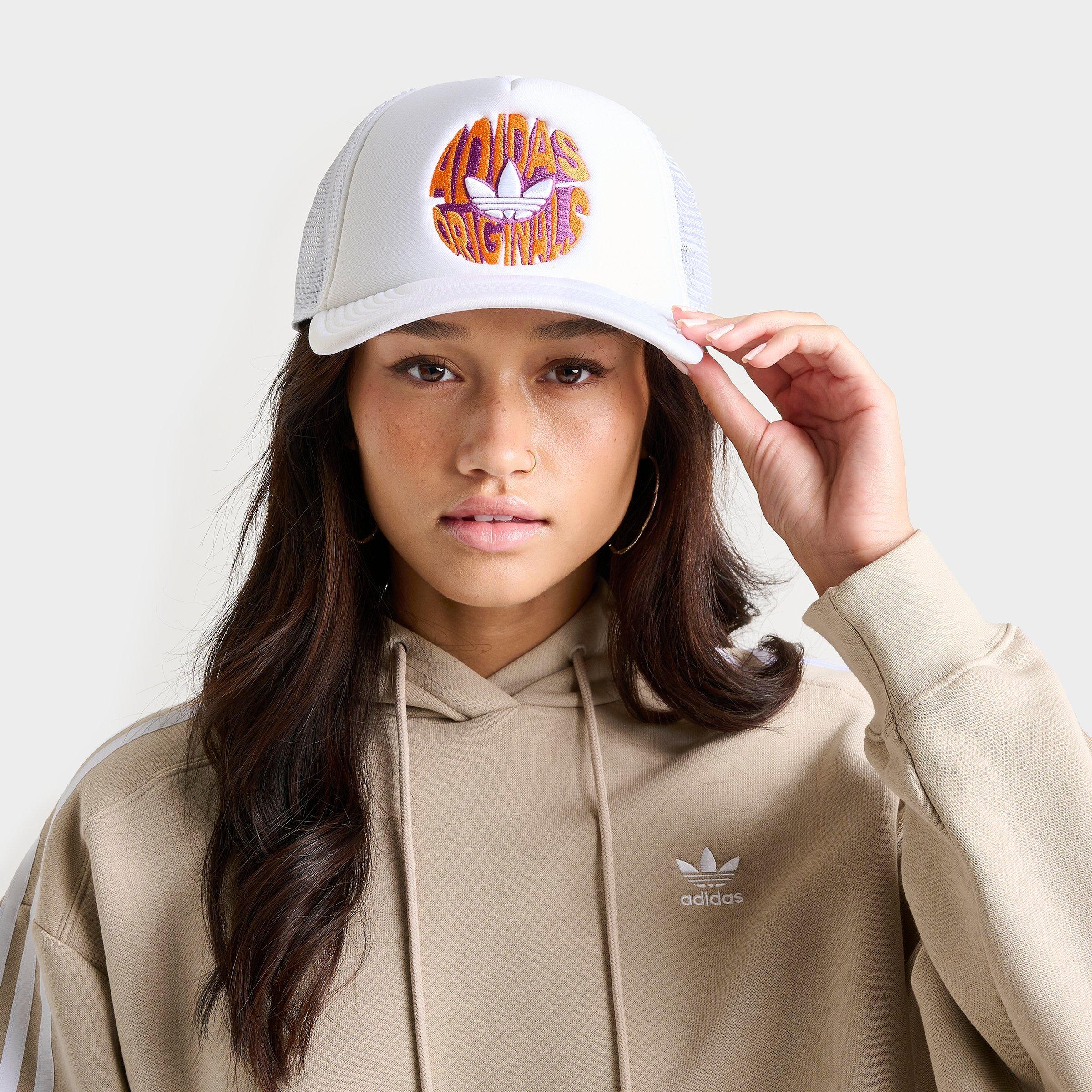 Adidas Originals Spiral Trucker Hat In White/bright Orange/pink