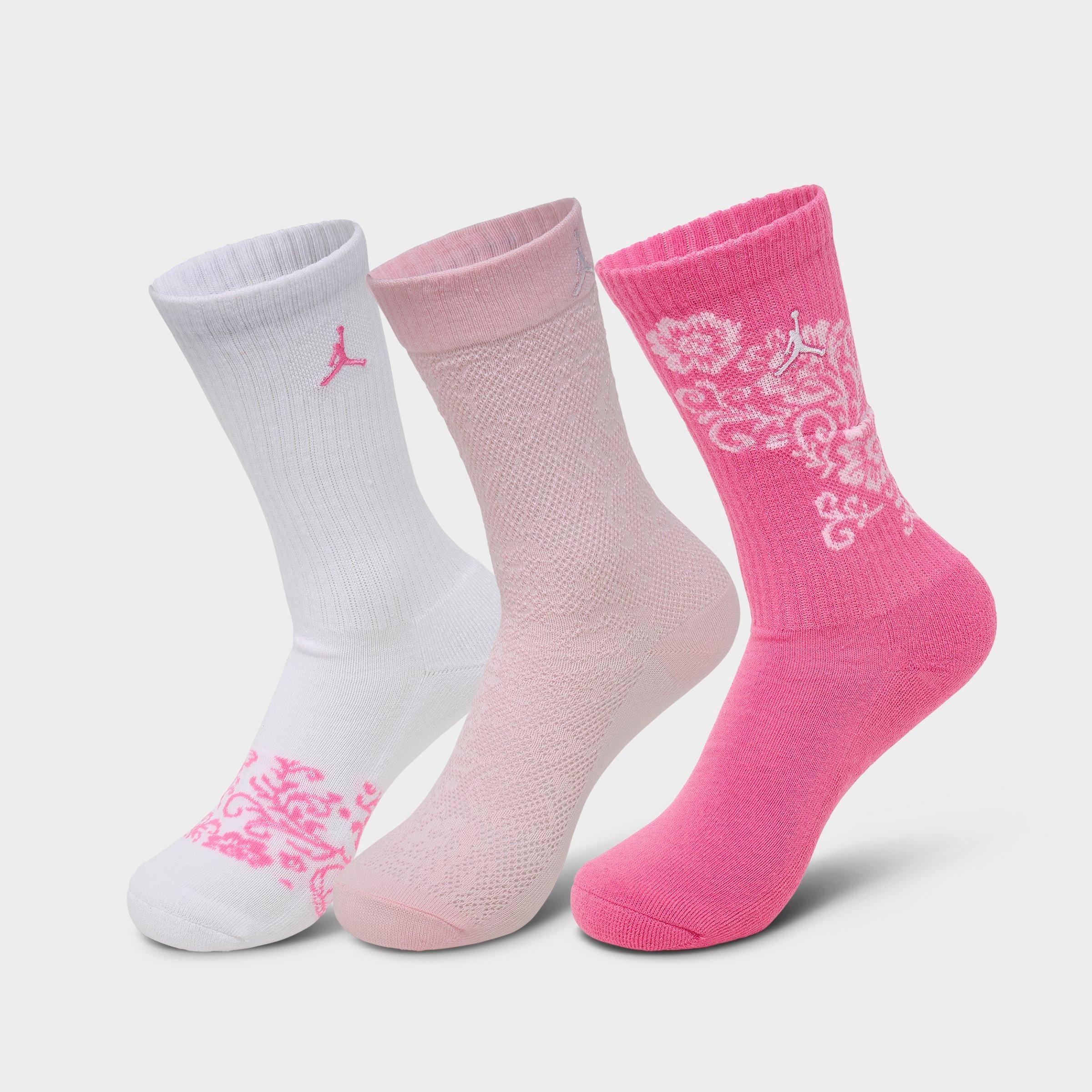 Jordan Girls' Big Kids Floral Crew Socks (3-Pack) in Gym Pink Size: 9-11