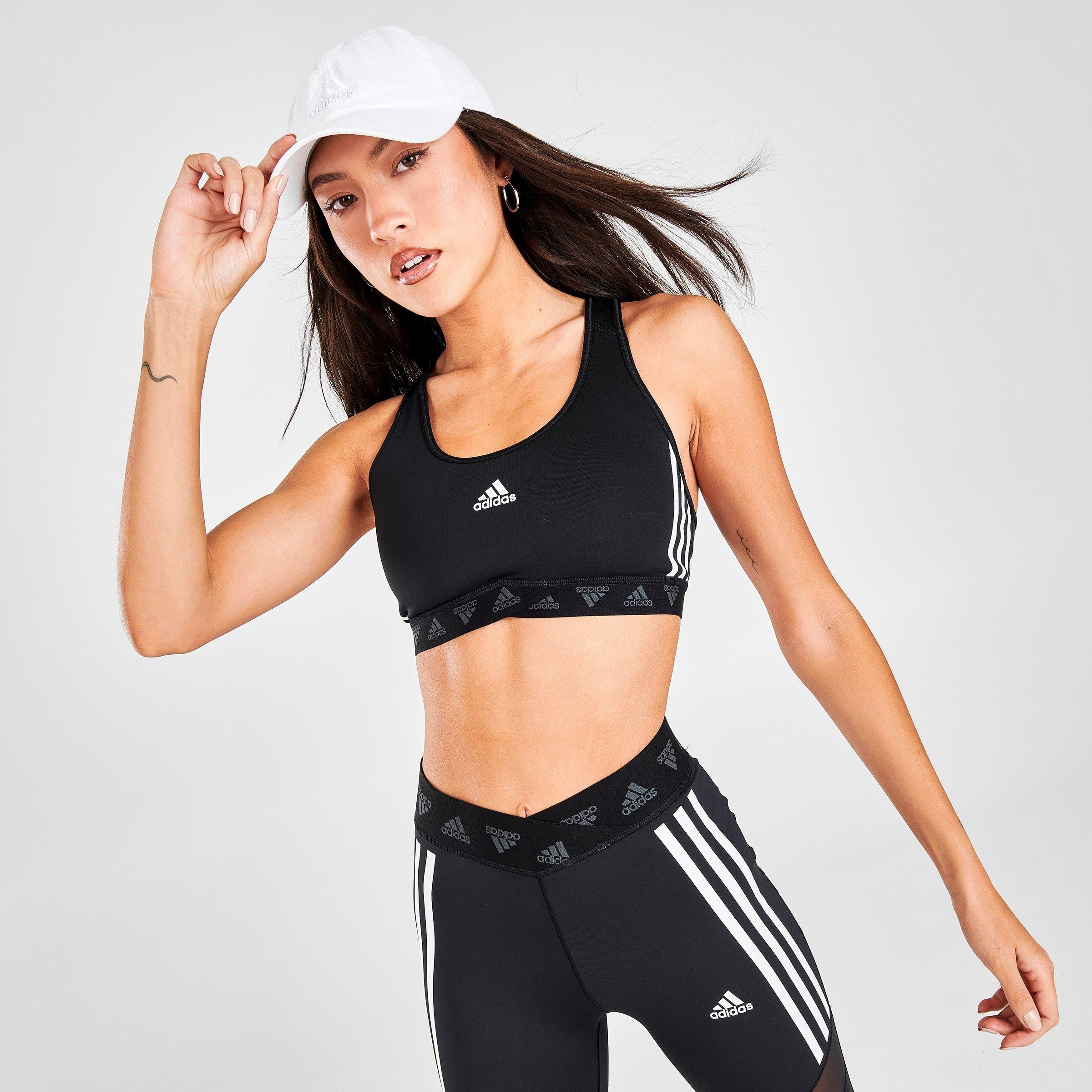 Adidas Originals Adidas Training 3 Stripe Medium Support Sports Bra In Black In Black/white