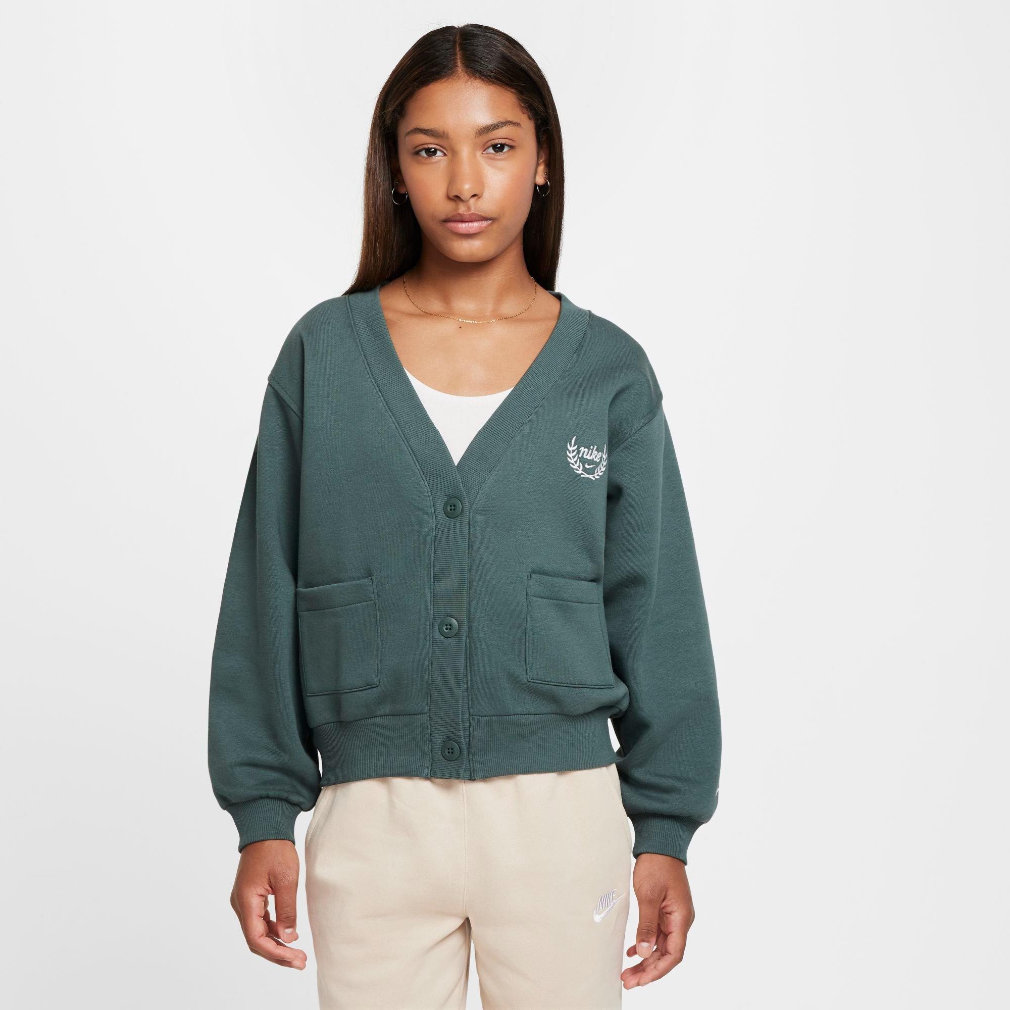 Nike Girls' Big Kids Sportswear Club Fleece Cardigan in Vintage Green/White Size: XS