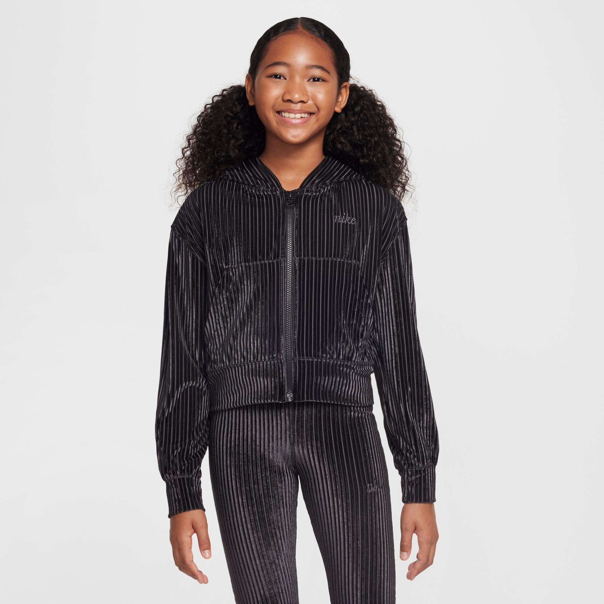 Nike Girls' Big Kids Sportswear Ribbed Full-Zip Hoodie in Black/Iron Grey Size: XS