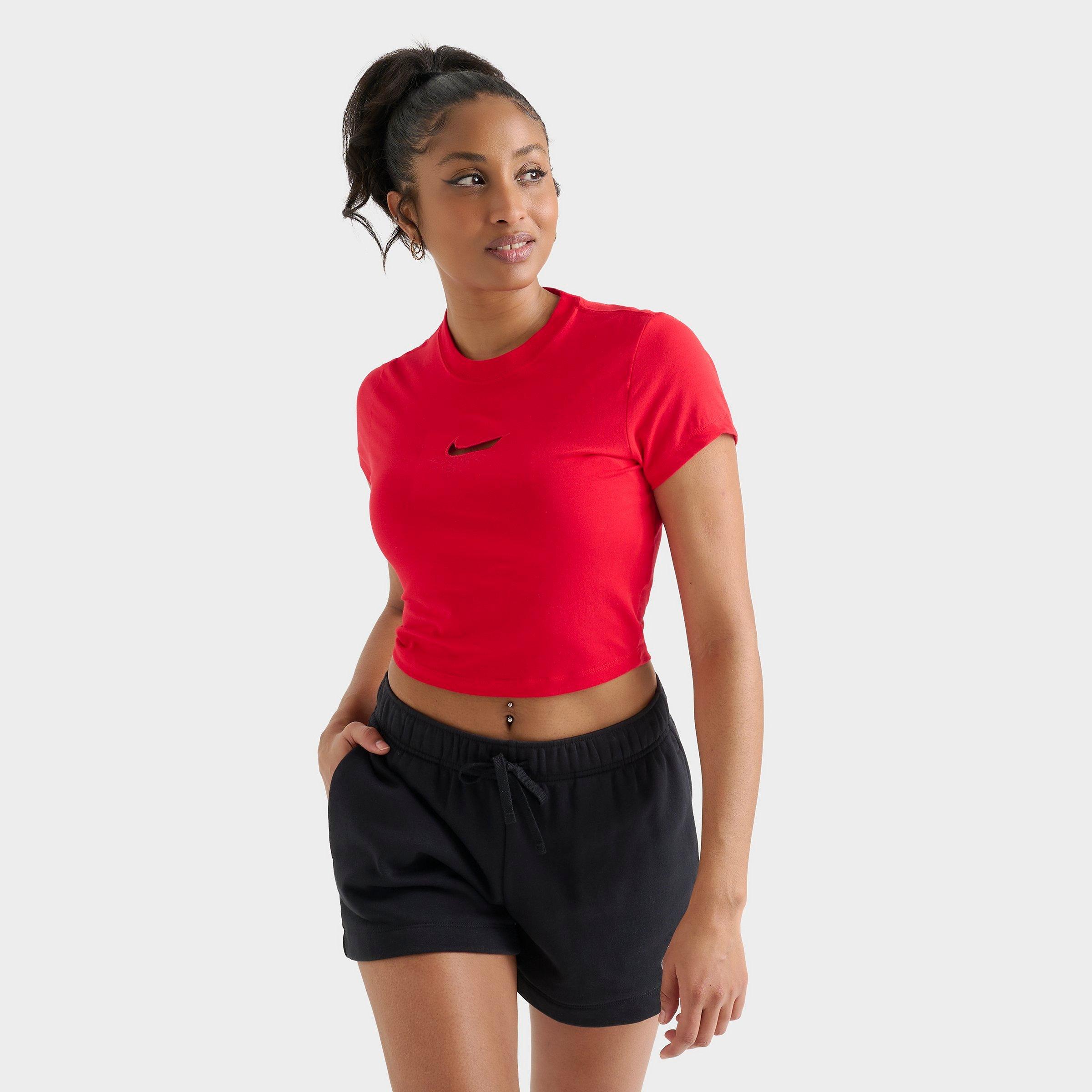 Nike Women's Sportswear Essential Slim Crop T-Shirt in Red/University Red Size Large Cotton/Spandex