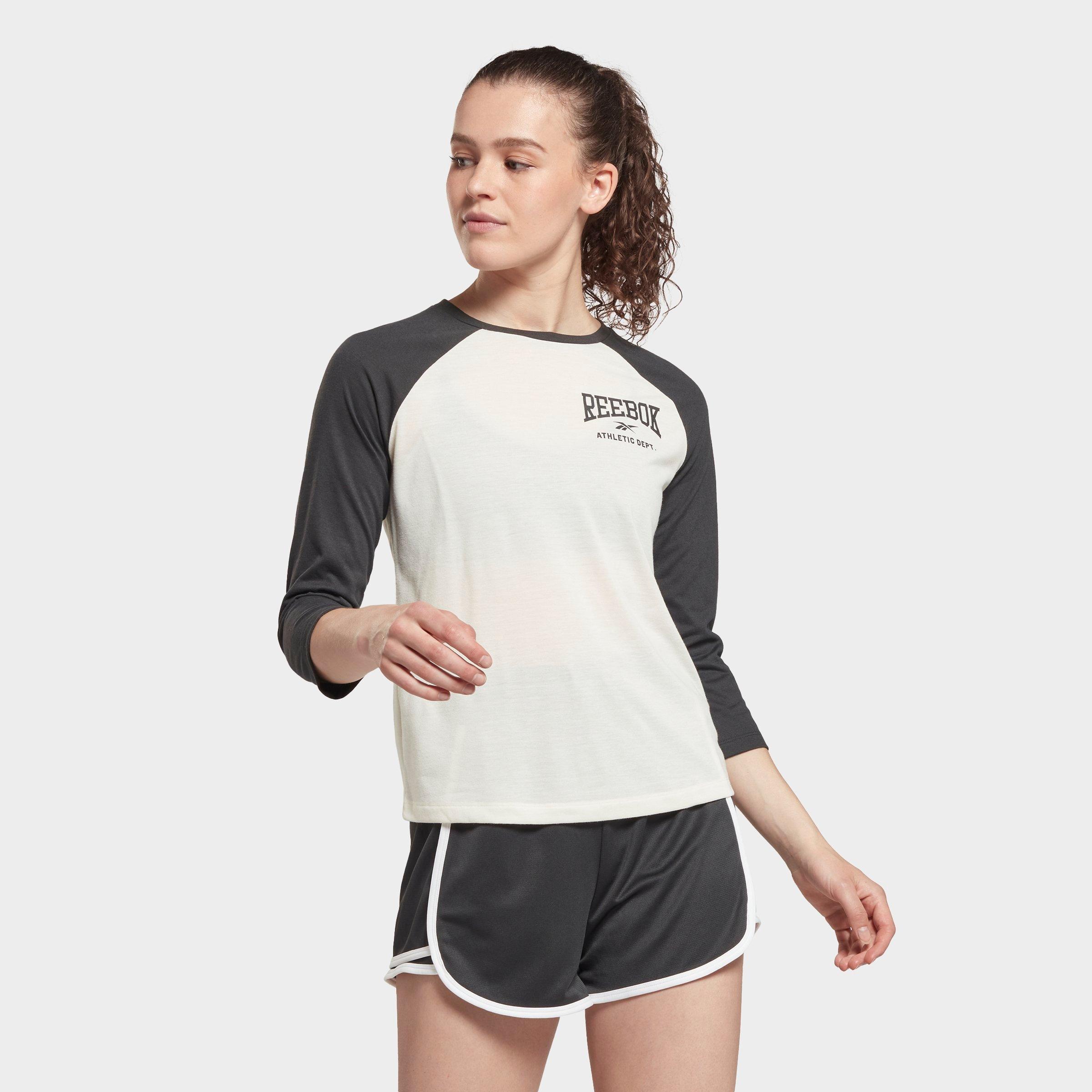 UPC 195742685247 product image for Reebok Women's Workout Ready Baseball Three-Quarter Raglan Shirt in Black/White/ | upcitemdb.com