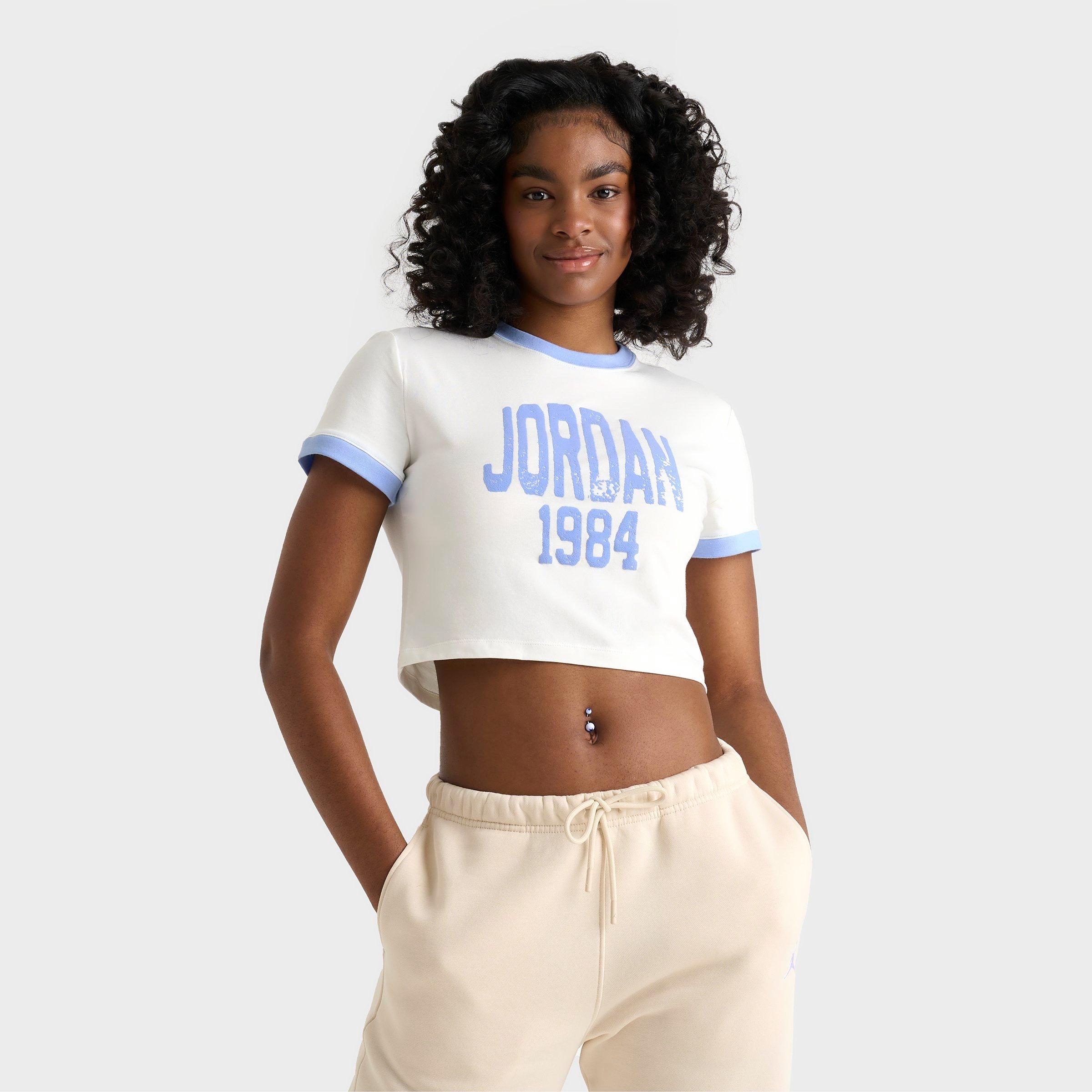 Jordan Women's Cropped Varsity Graphic Slim T-Shirt in White/Sail Size Small Cotton/Spandex