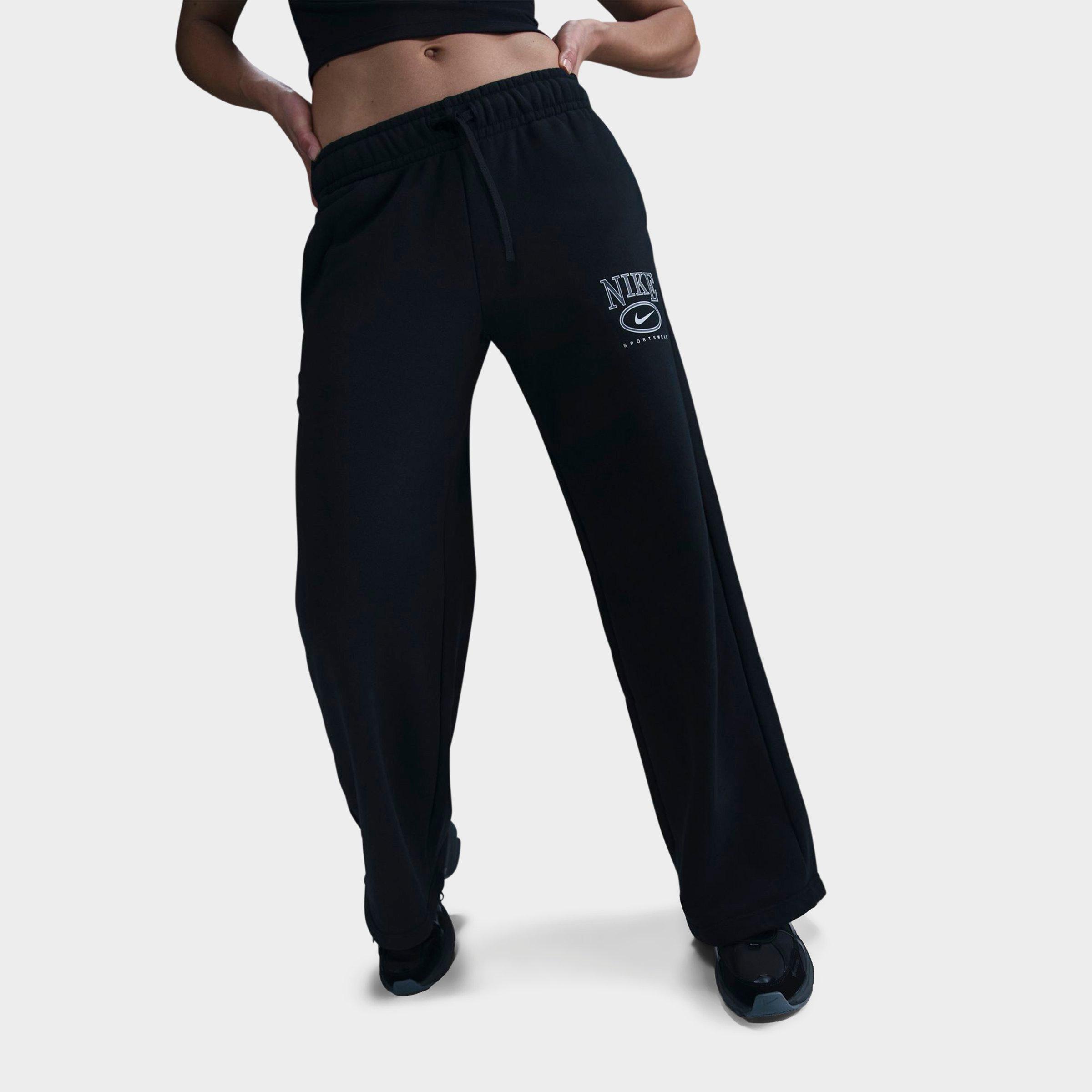 Nike Women's Sportswear Club Fleece Mid-Rise Wide-Leg Graphic Pants in Black/Black Size Medium 100% Cotton/Polyester/Fleece