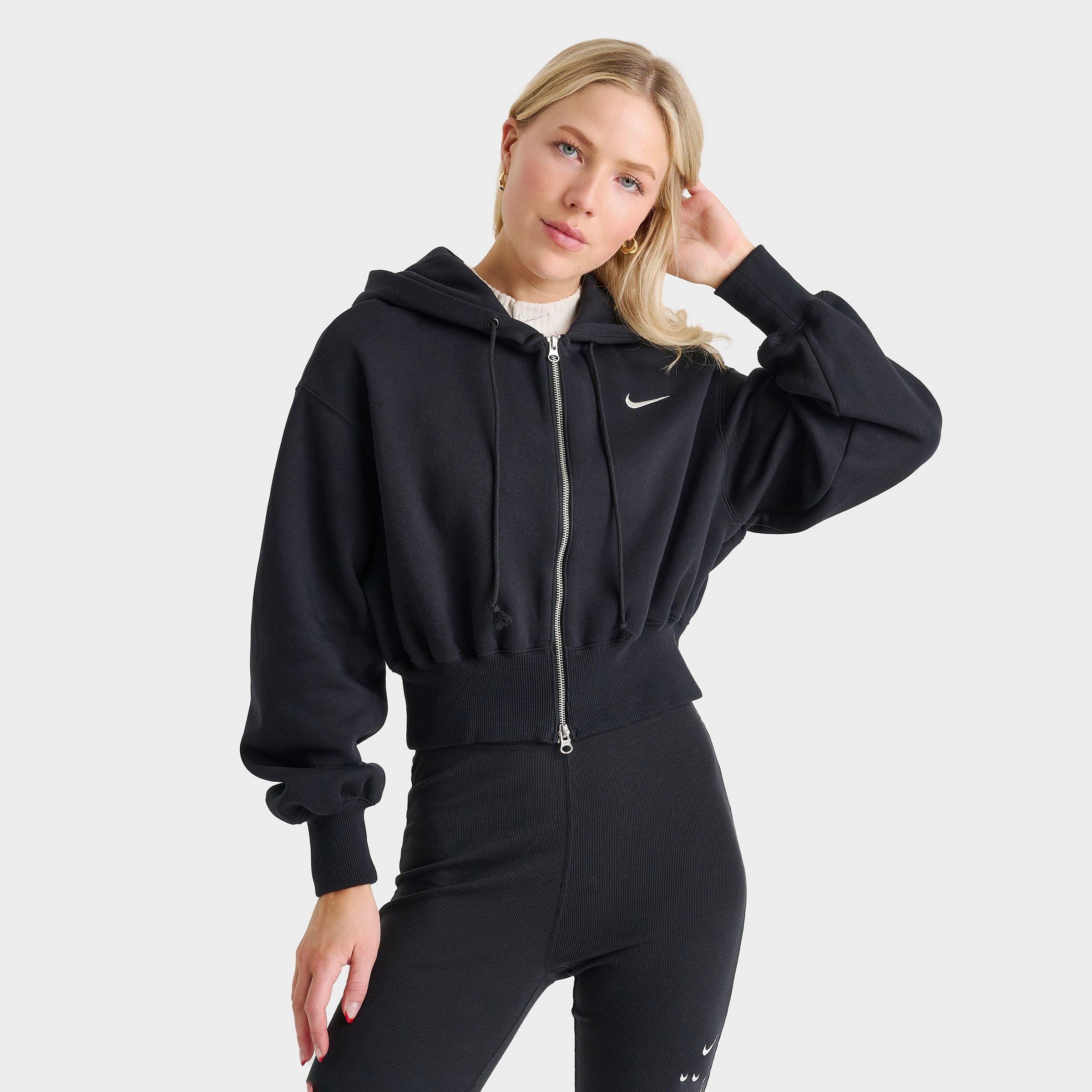 Nike Women's Sportswear Phoenix Fleece Crop Full-Zip Hoodie in Black/Black Size Large Cotton/Polyester/Fleece