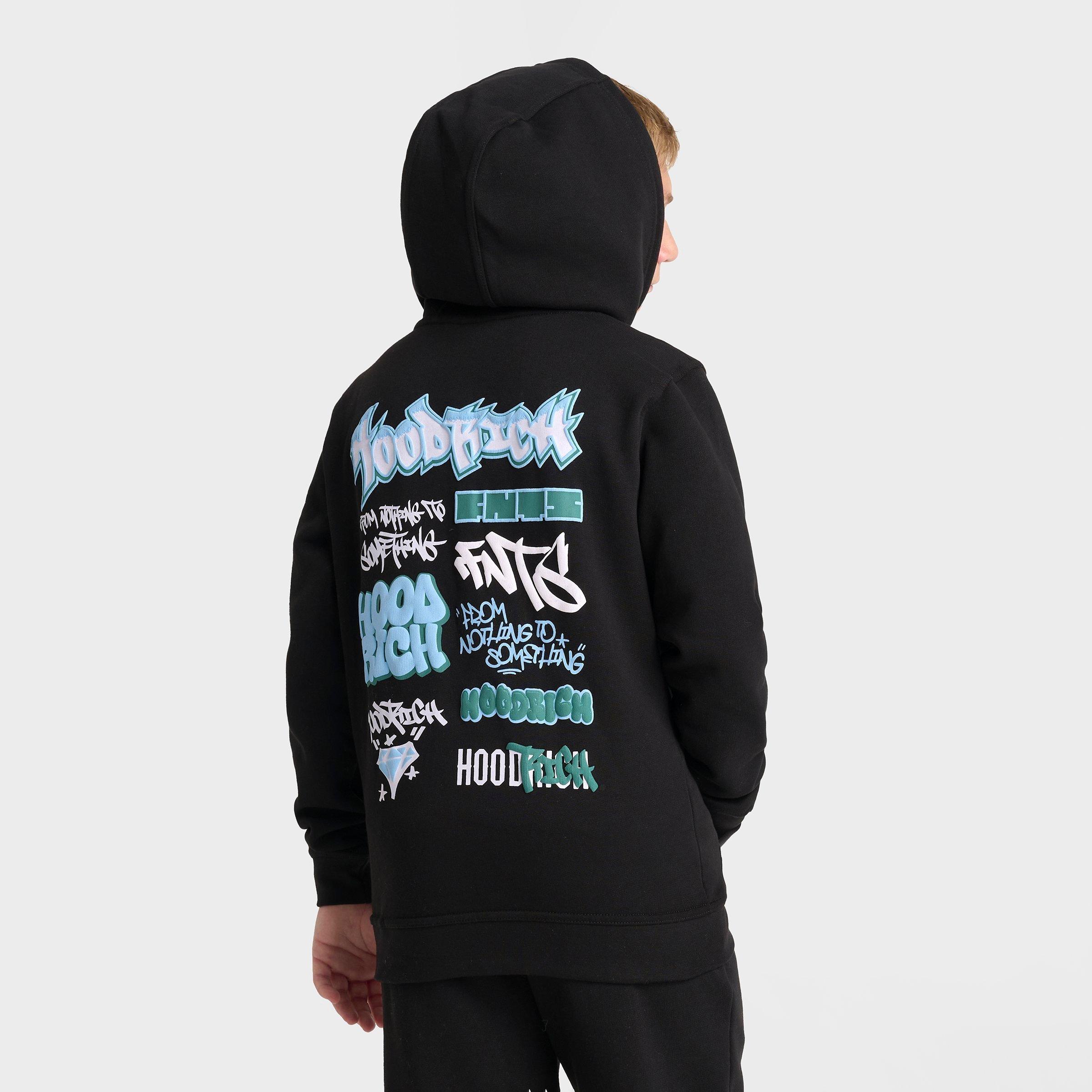 Hoodrich Big Kids Graffiti Pullover Hoodie in Black/White/Baltic Size: Small