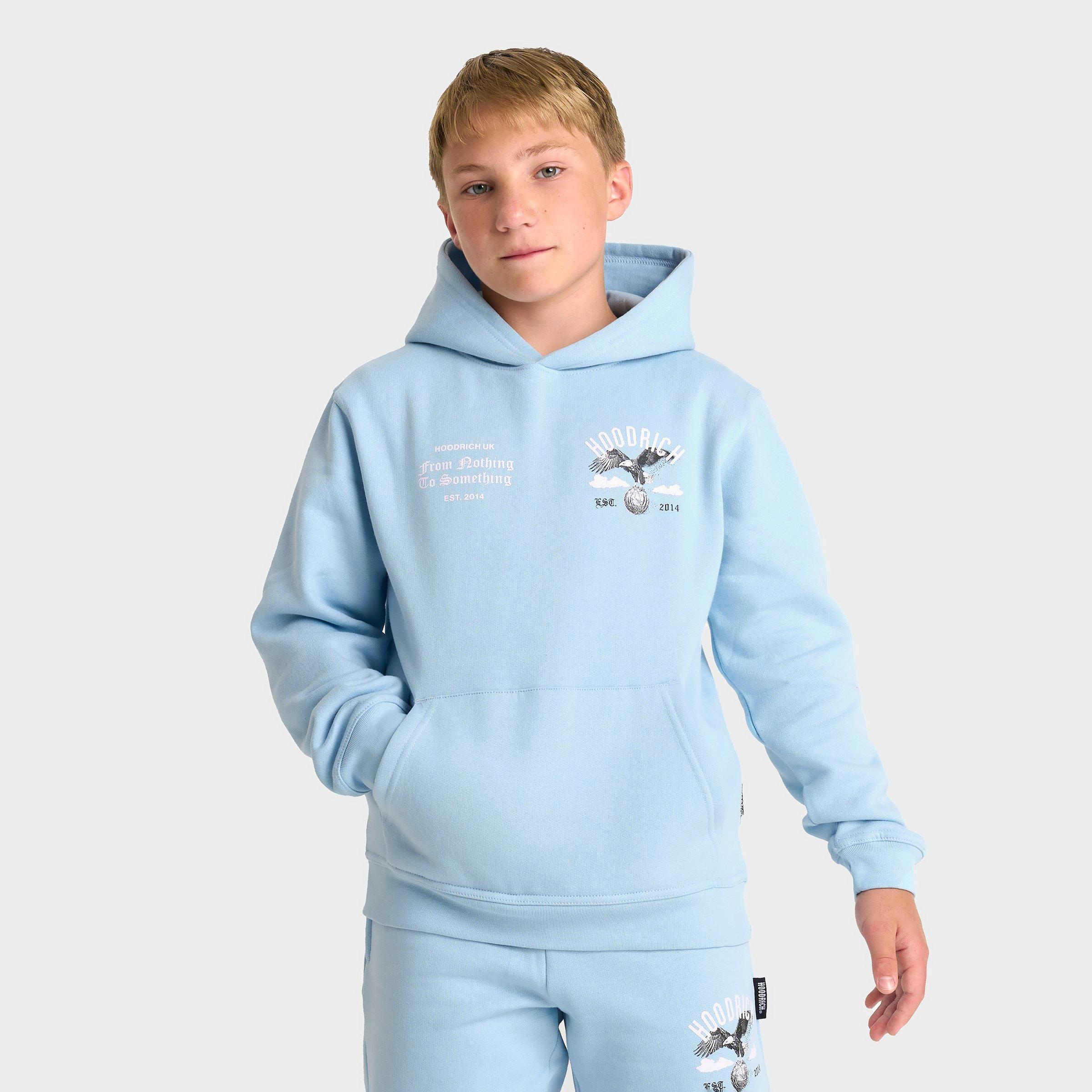 Hoodrich Big Kids World Eagle Pullover Hoodie in Clear Sky/White Size: Small