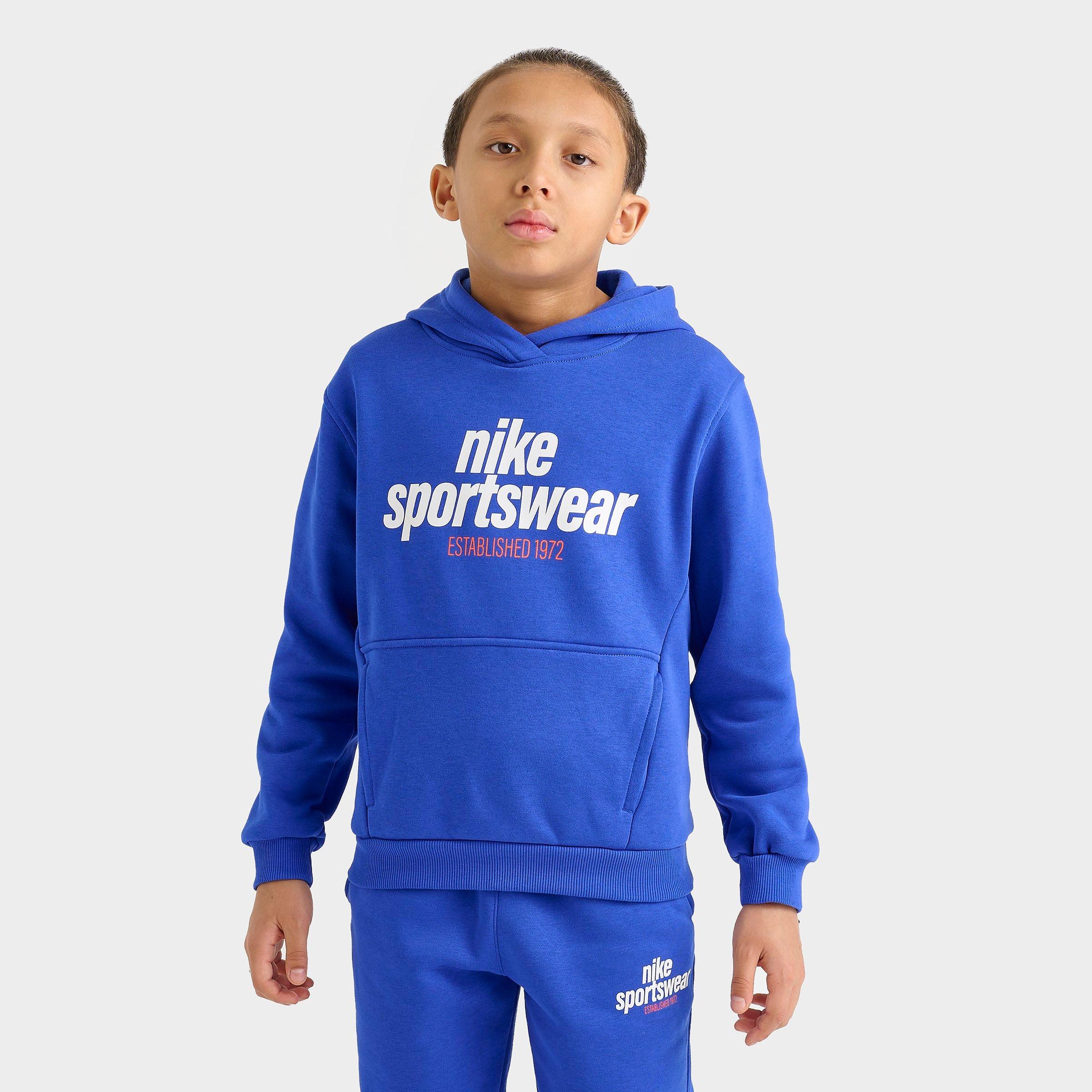 Nike Big Kids Sportswear Club Fleece Pullover Hoodie in Game Royal/Safety Orange/White Size: Small