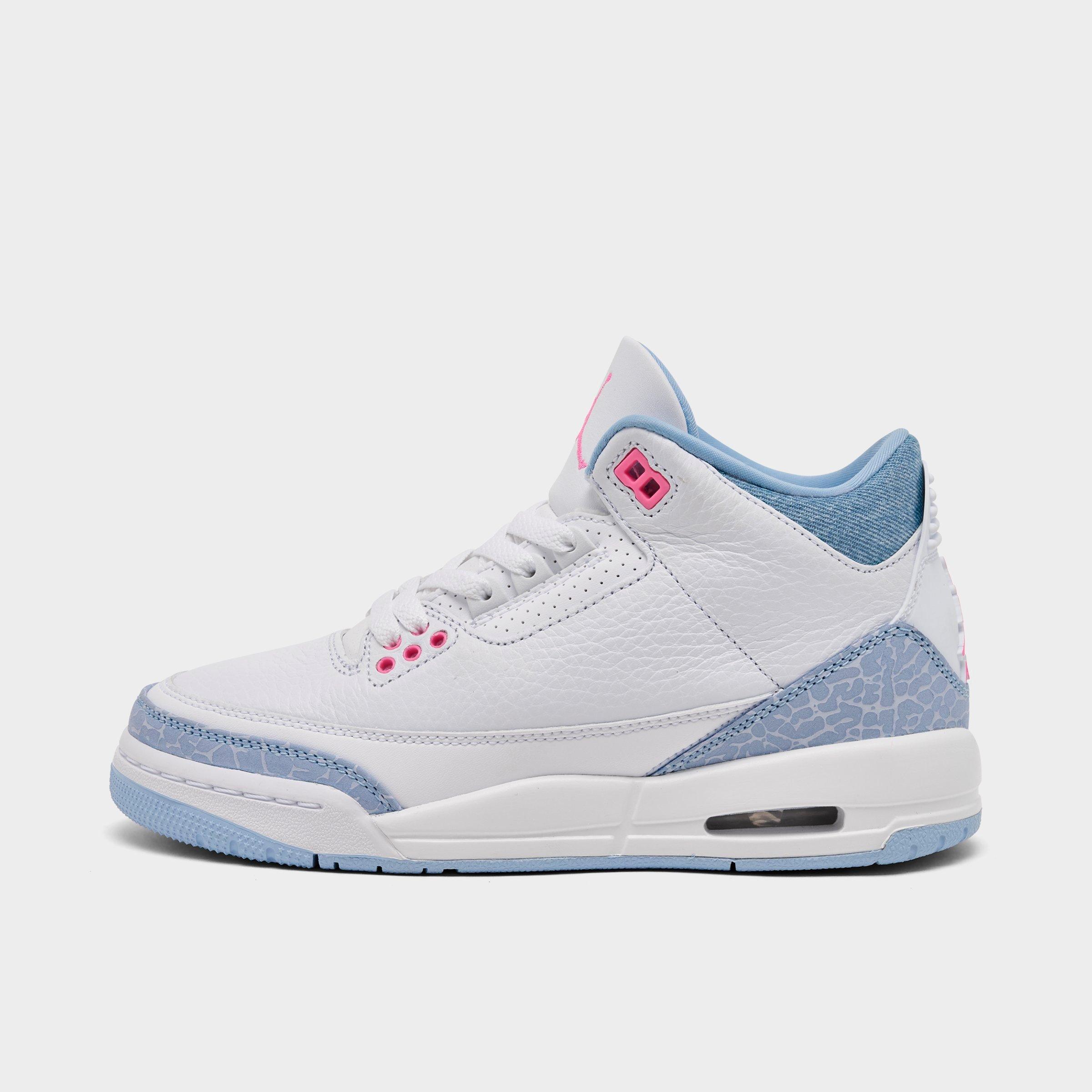 Jordan Big Kids Air Retro 3 Basketball Shoes in White/Pink Glow/Cobalt Bliss Size: 3.5
