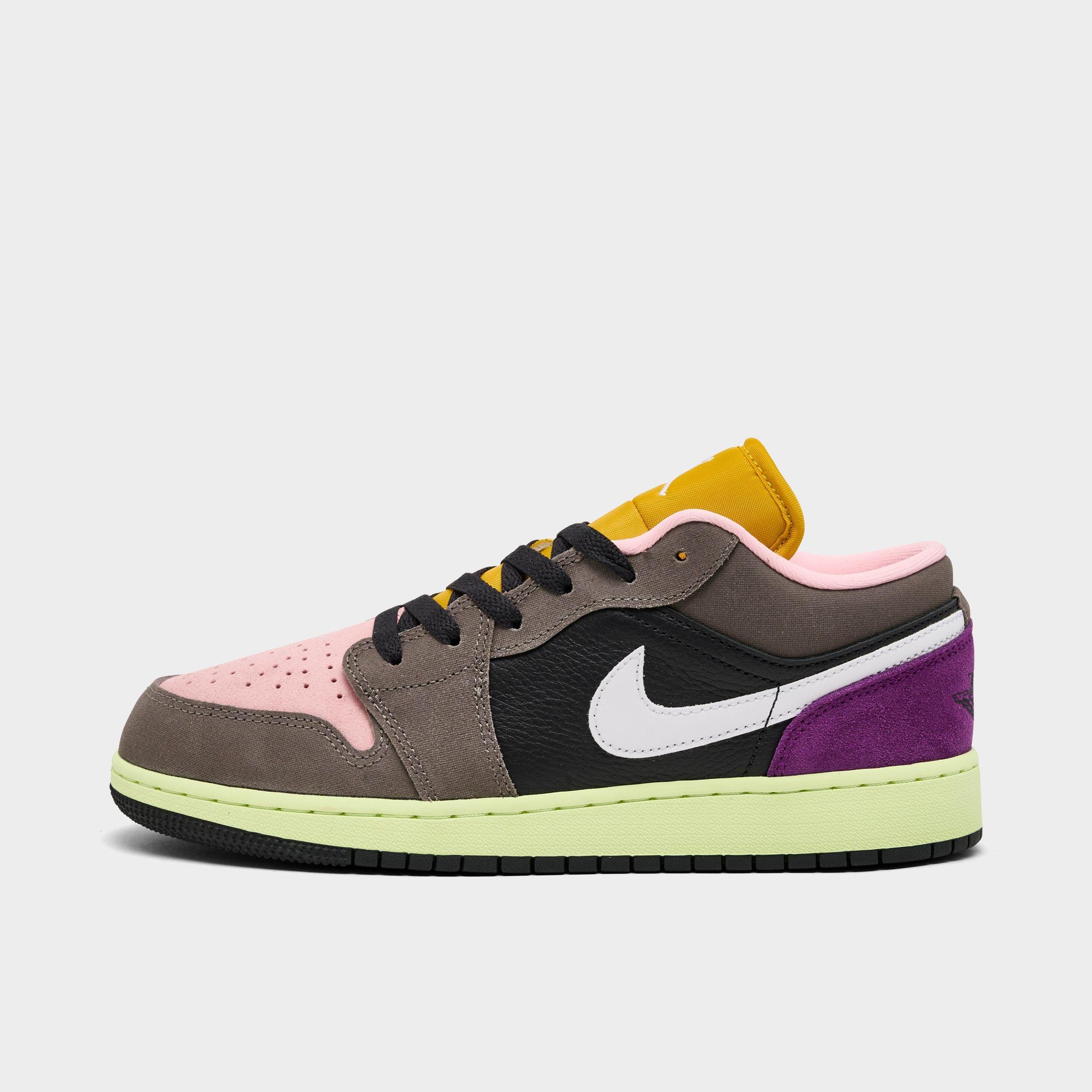 Jordan Big Kids Air Retro 1 Low SE Casual Shoes in Oil Grey/Cave Stone/Arctic Punch Size: 3.5