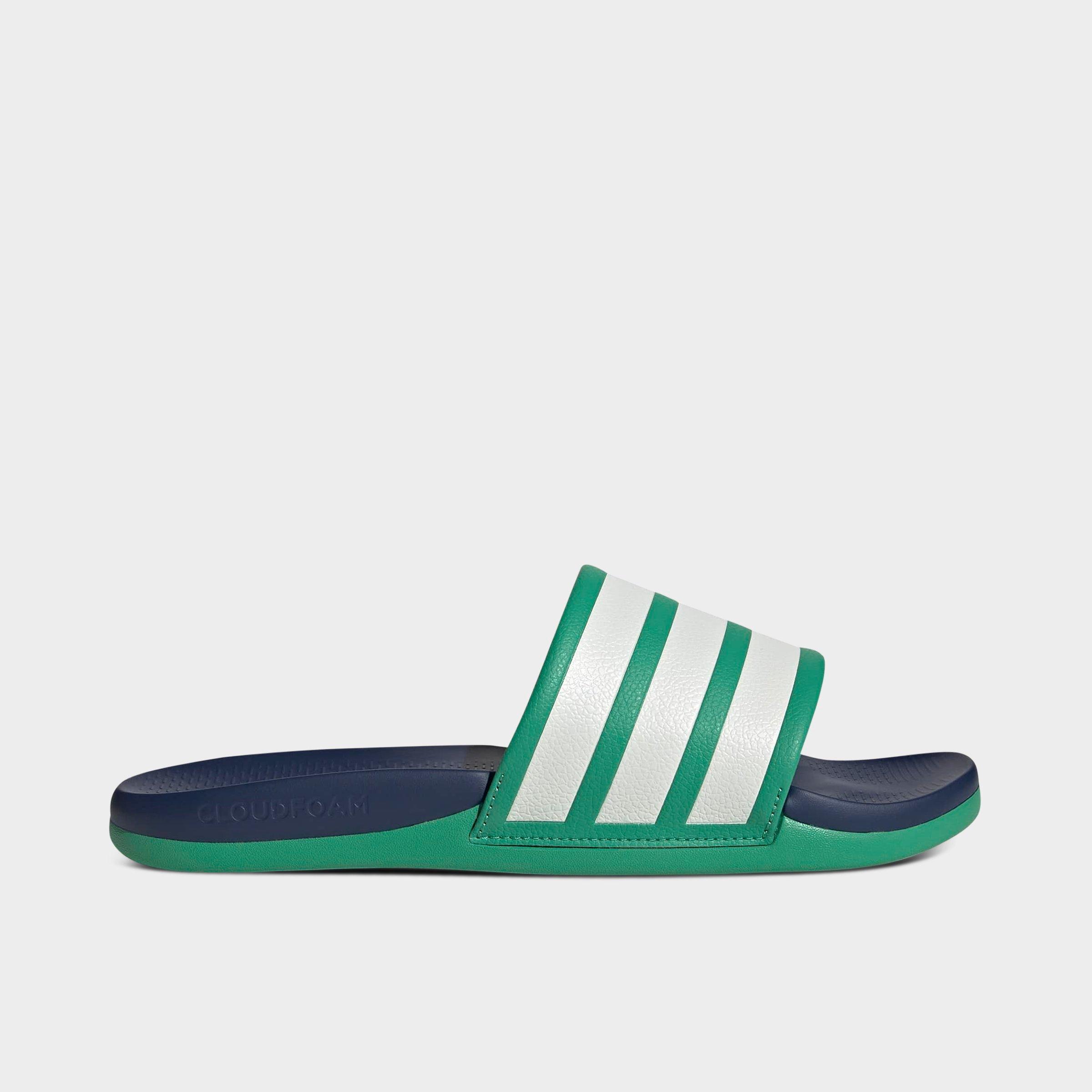 adidas Women's Adilette Comfort 2.0 Slide Sandals in Semi Court Green/Core White/Dark Blue Size: 7.0