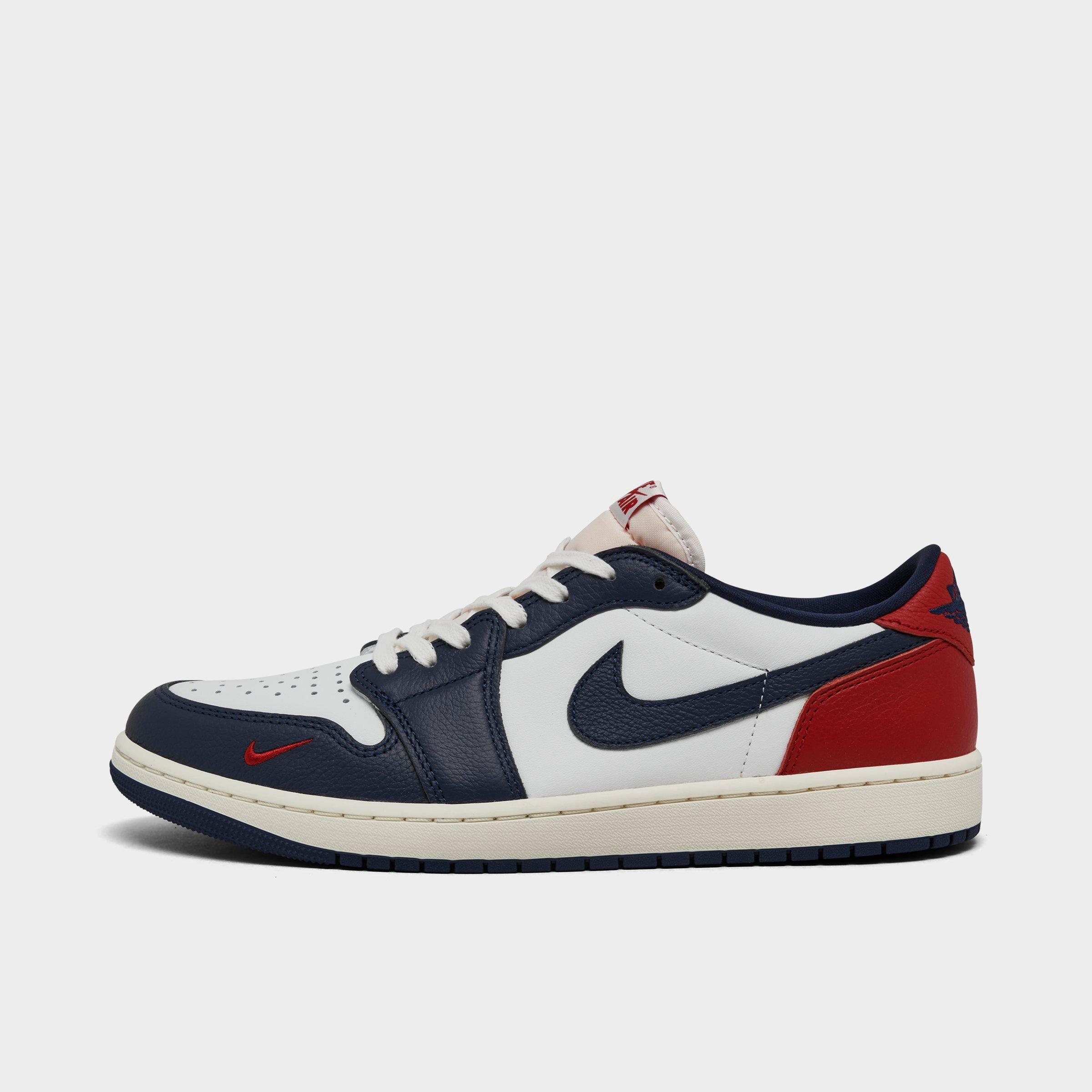 Jordan Men's Air Retro 1 Low OG Casual Shoes in White/Gym Red/Midnight Navy Size: 7.5