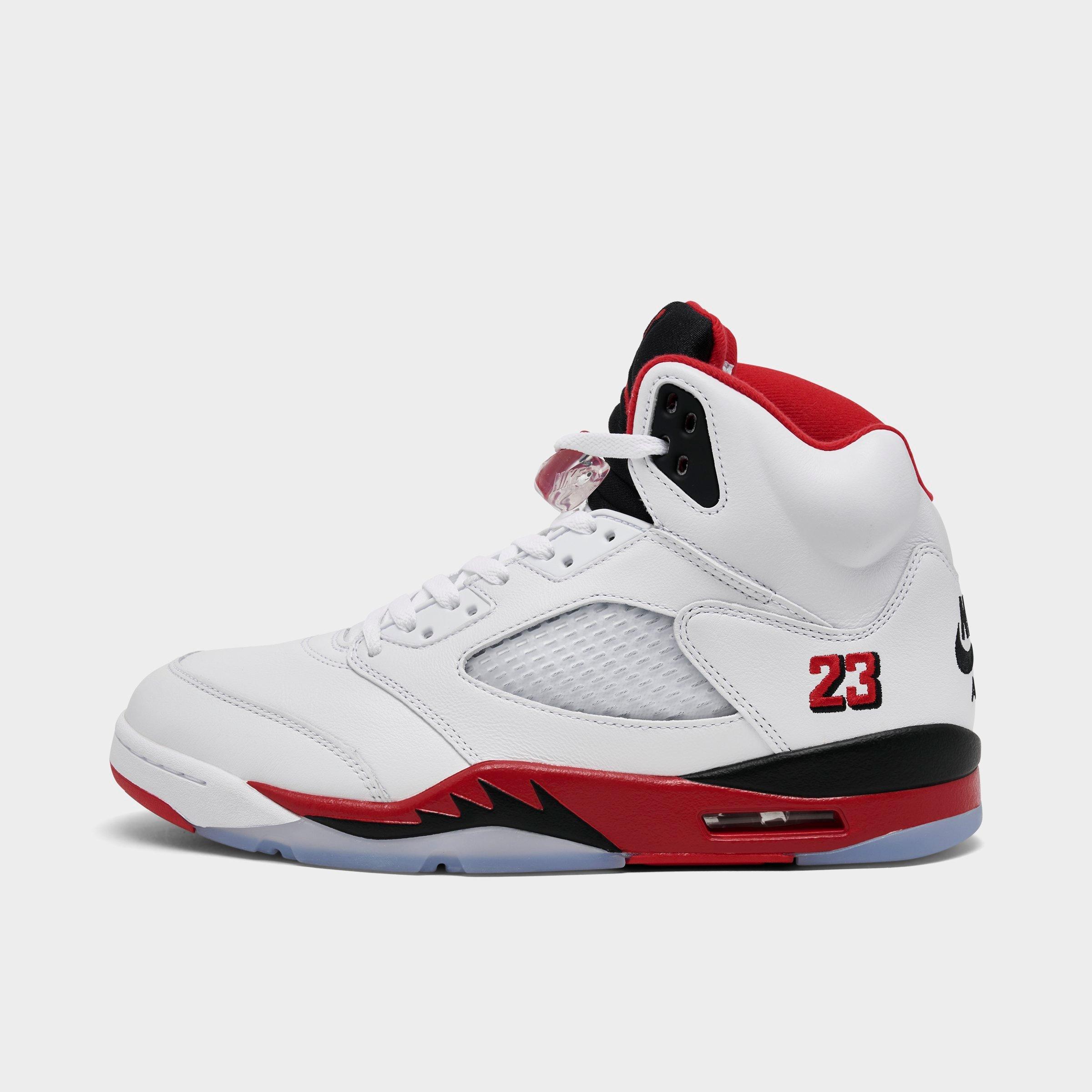 Jordan Men's Air Retro 5 Basketball Shoes in White/Fire Red/Black Size: 7.0