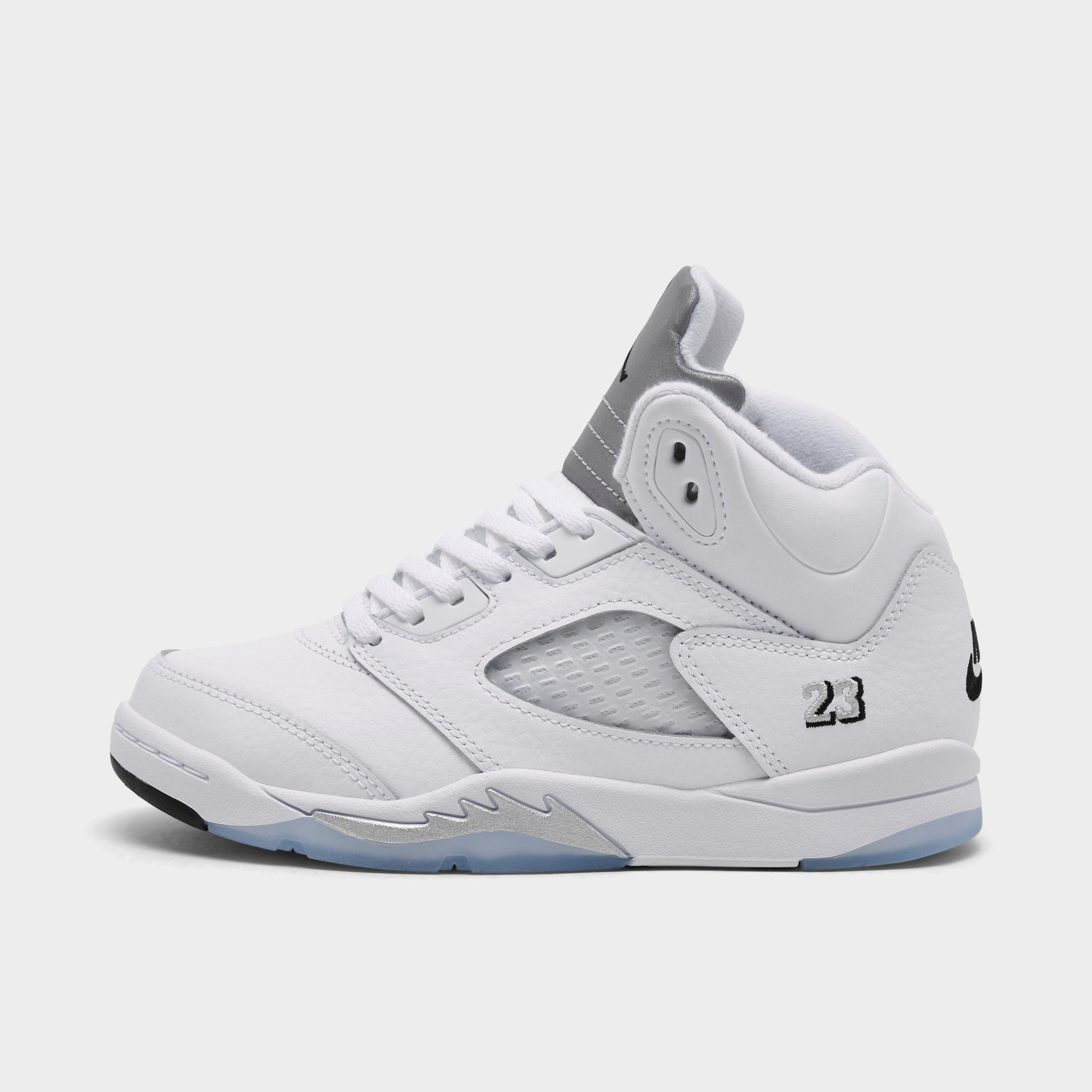 Jordan Little Kids Air Retro 5 Basketball Shoes in White/Metallic Silver/Black Size: 11.0