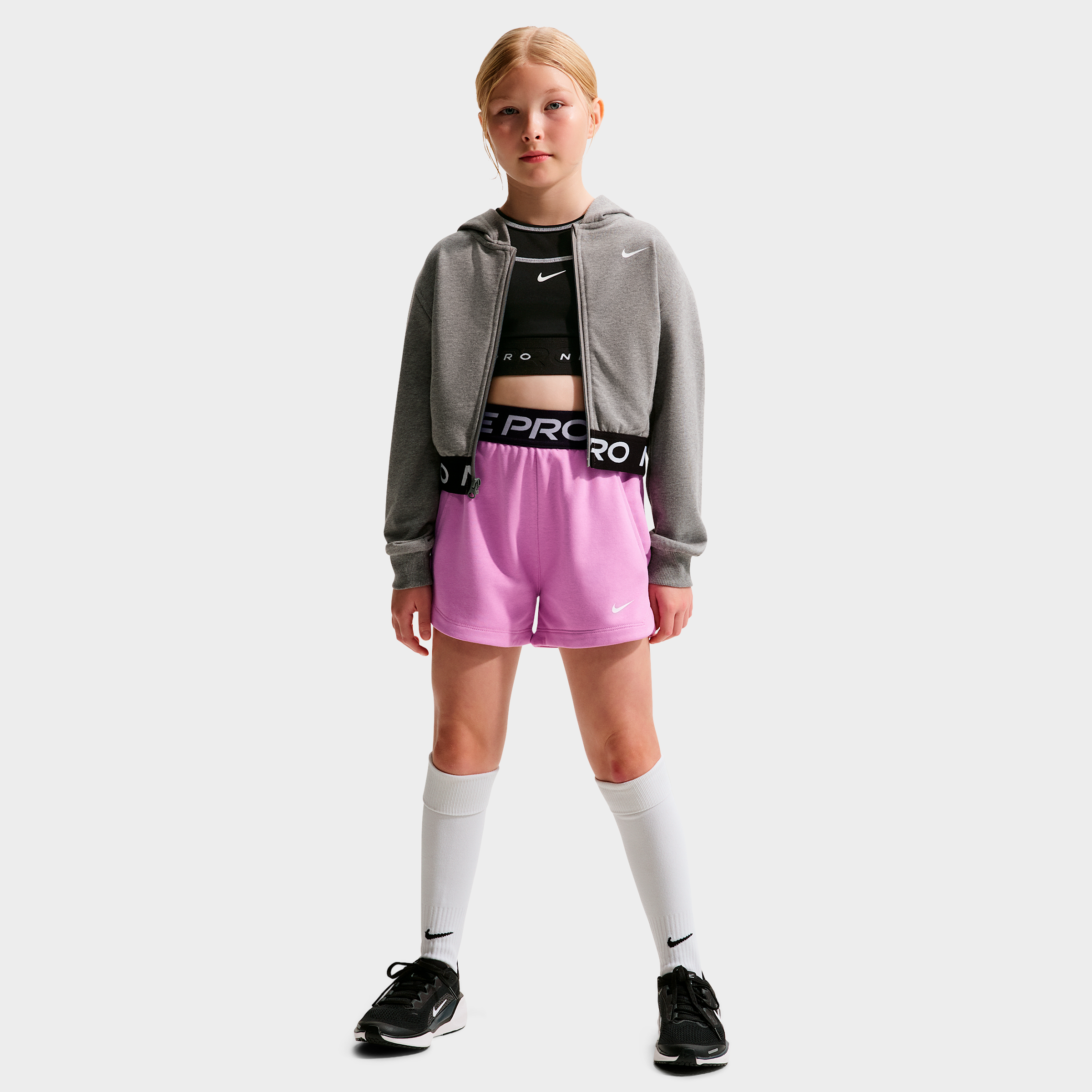 Nike Girls' Big Kids Pro Fleece Dri-FIT Shorts in Light Magenta/Light Magenta/Black Size: XL