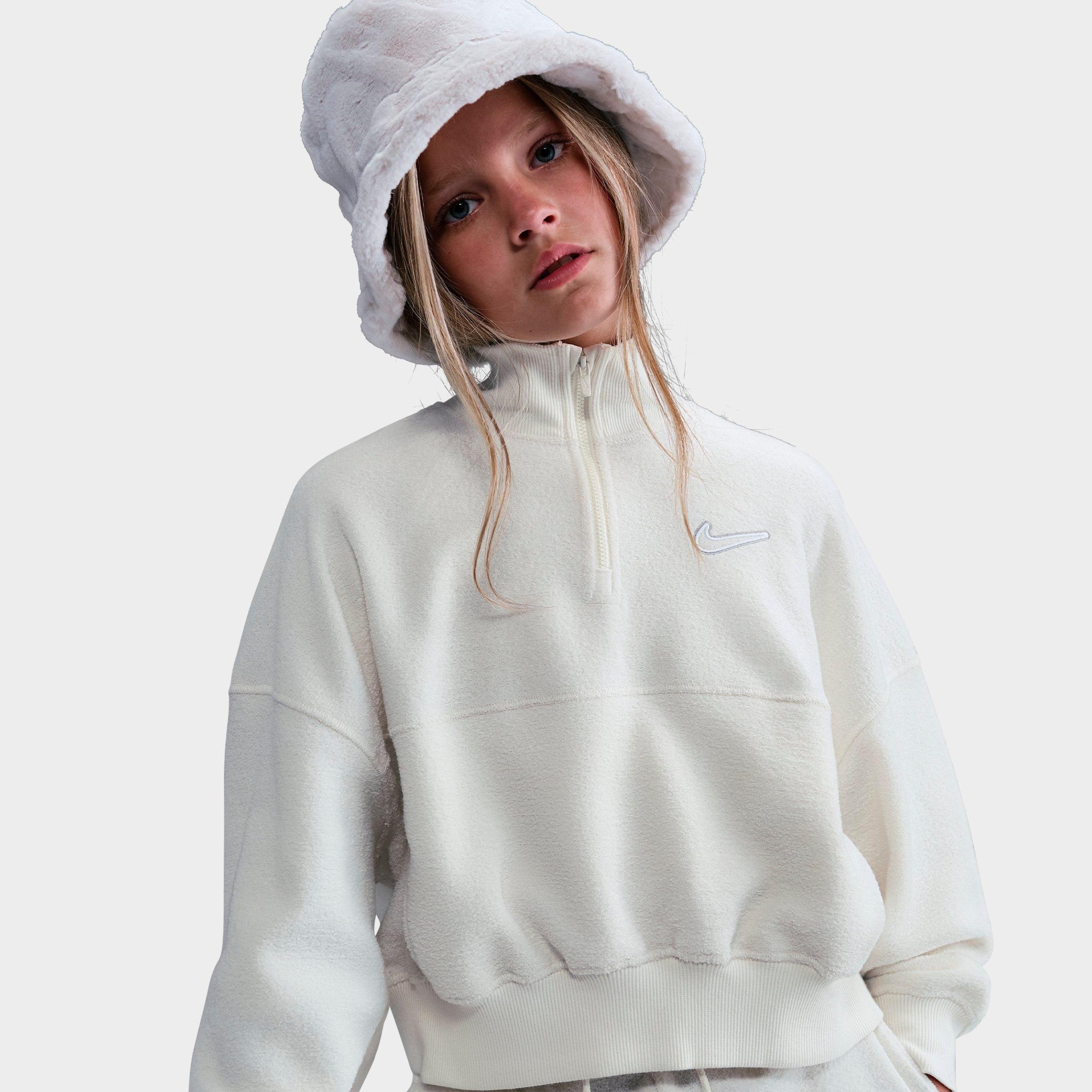 Nike Girls' Big Kids Sportswear Long-Sleeve Fleece Quarter-Zip Top in Soft Pearl/White Size: XL