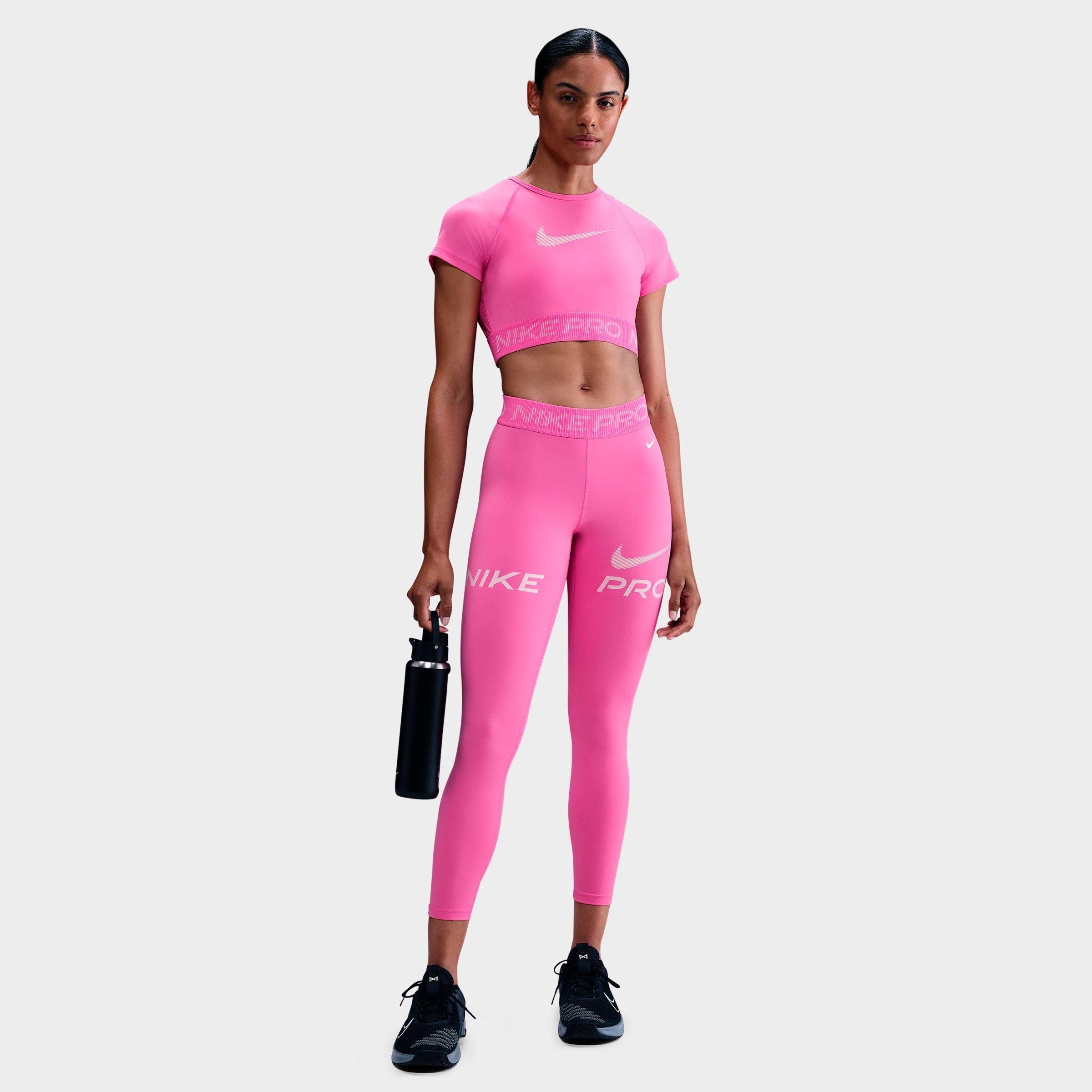 Nike Women's Pro Mid-Rise 7/8 Mesh-Panel Graphic Leggings in Playful Pink/Pink Foam/White Size: 2XS