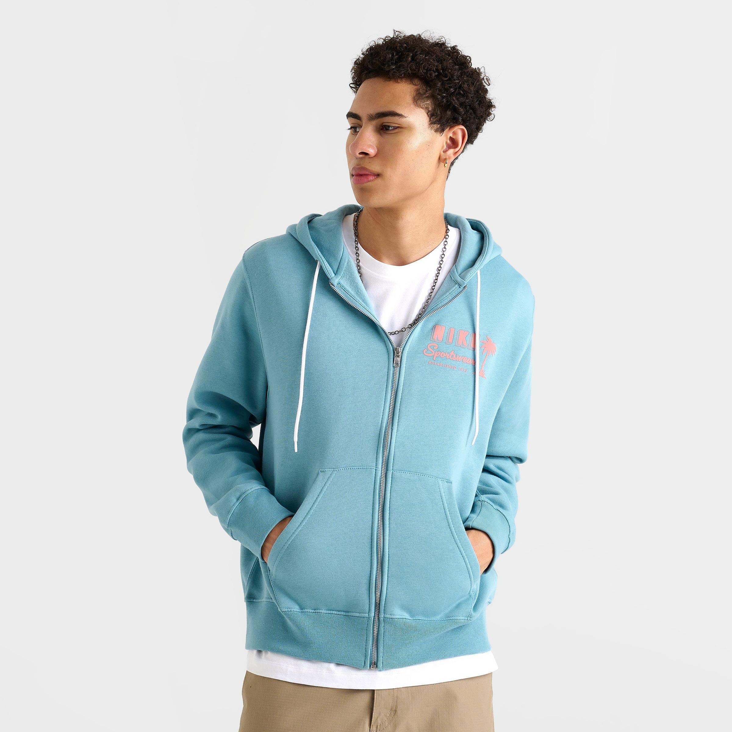 Nike Men's Sportswear Club Tropical Full-Zip Fleece Hoodie in Denim Turquoise/Red Stardust/Red Stardust Size: XS