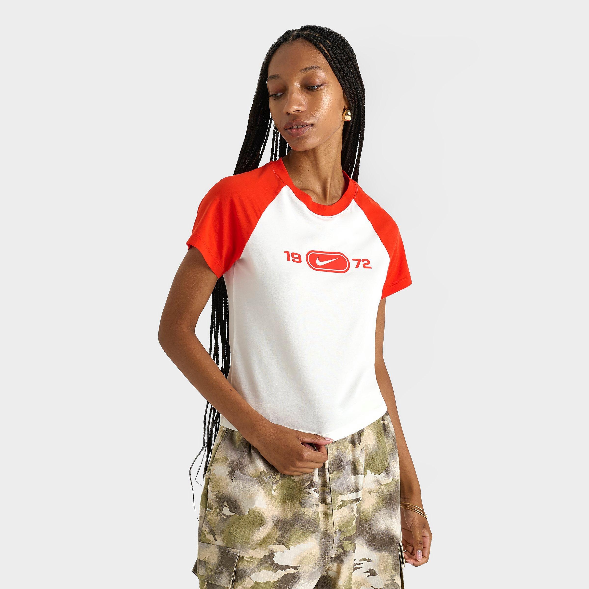 Nike Women's Sportswear Chill Knit Slim Graphic T-Shirt in Sail/Picante Red Size: XS