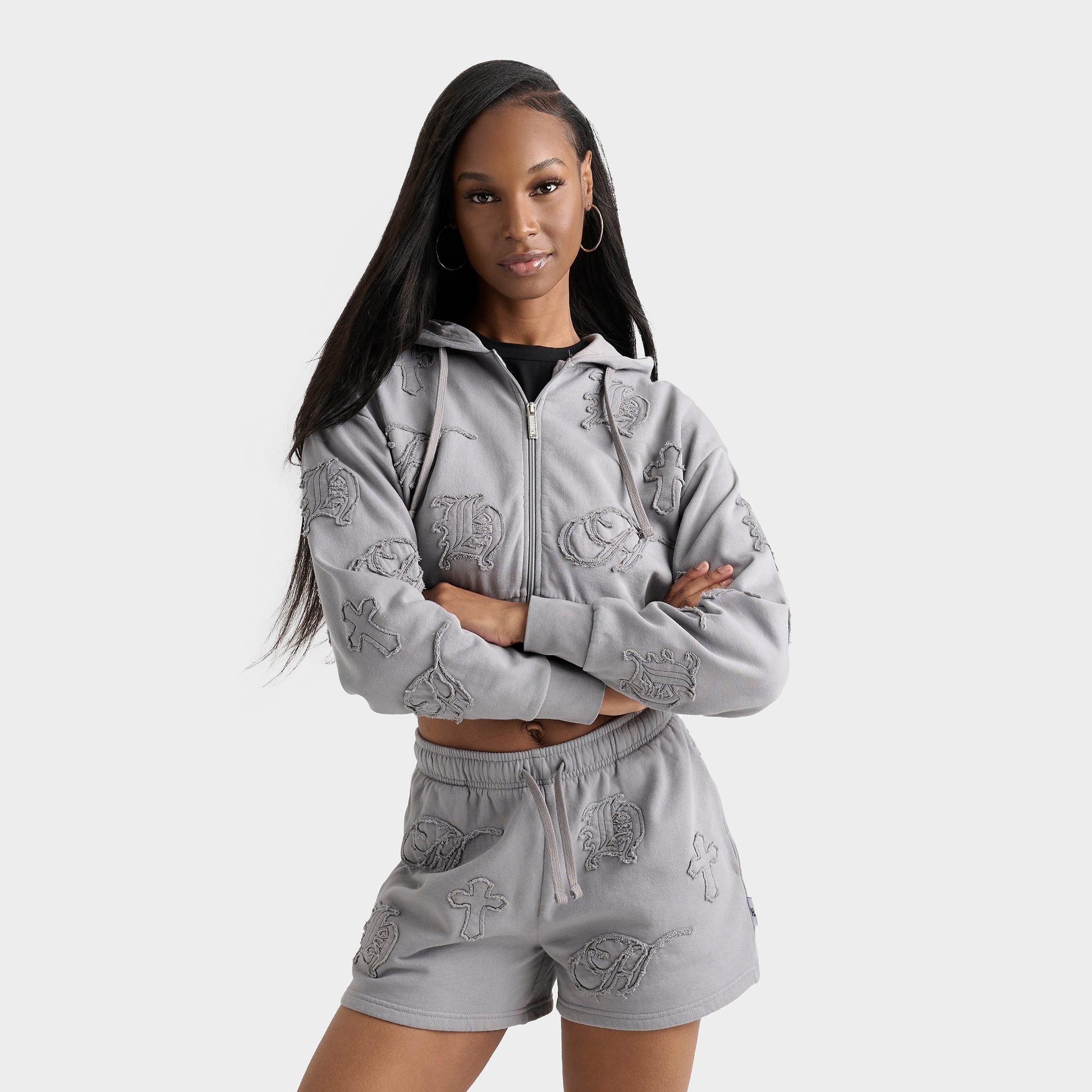 Hoodrich Women's Mist Crop Full-Zip Hoodie in Grey/Monument Size Large Cotton/Polyester/Fleece