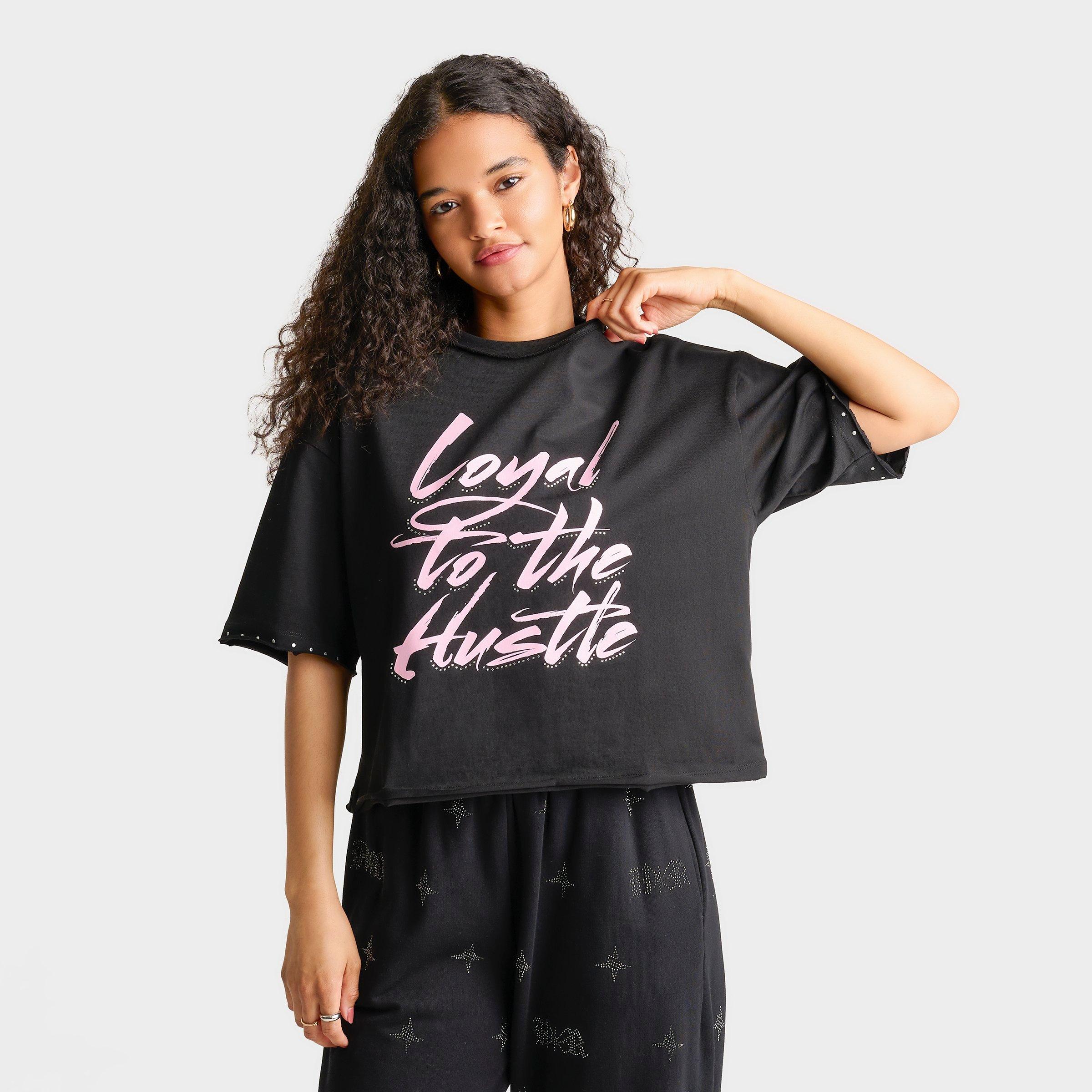 Hoodrich Women's Bling Studded Oversized Boxy T-Shirt in Washed Black Size: XL