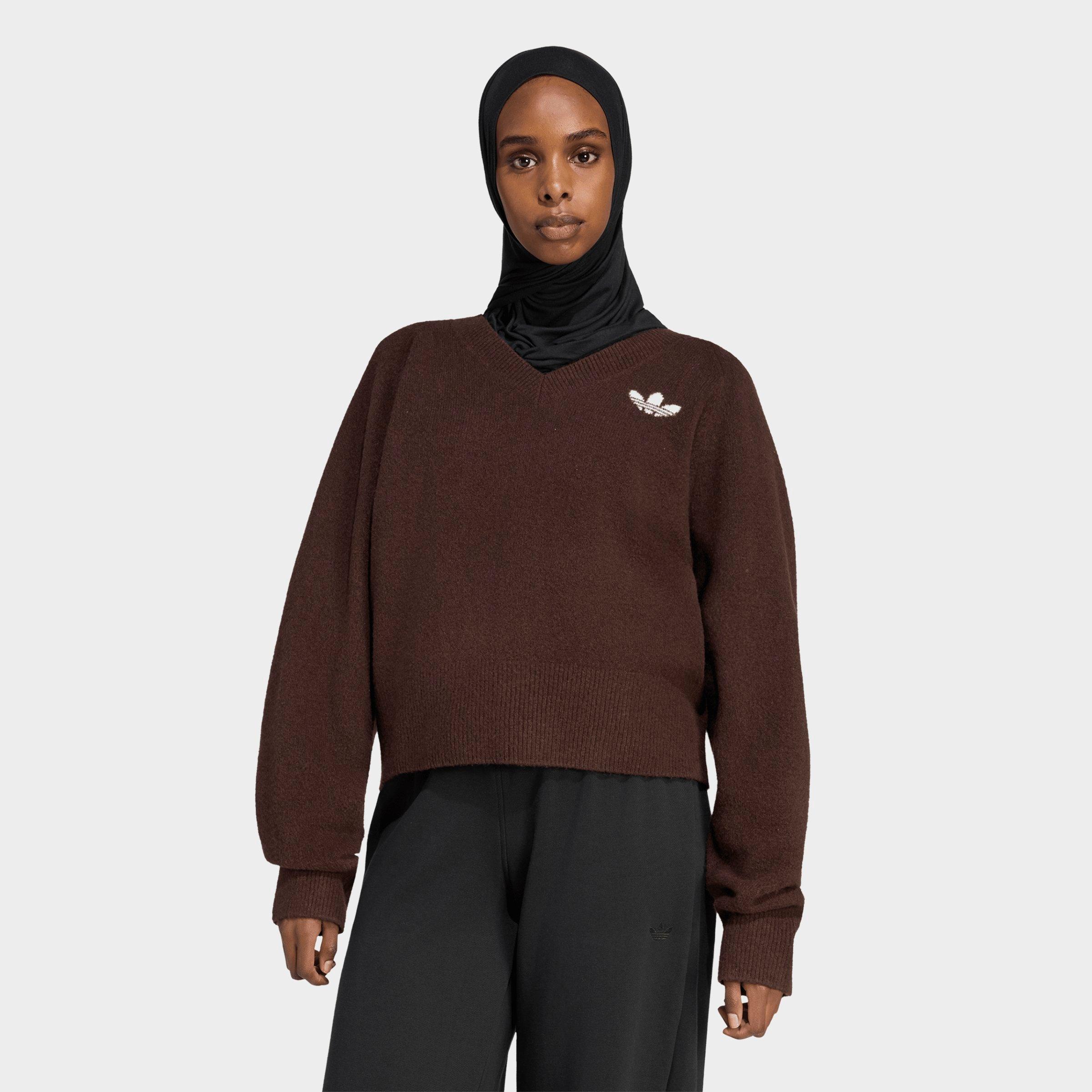 adidas Women's Originals Essentials Knit V-Neck Sweatshirt in Aurora Coffee Size: Large