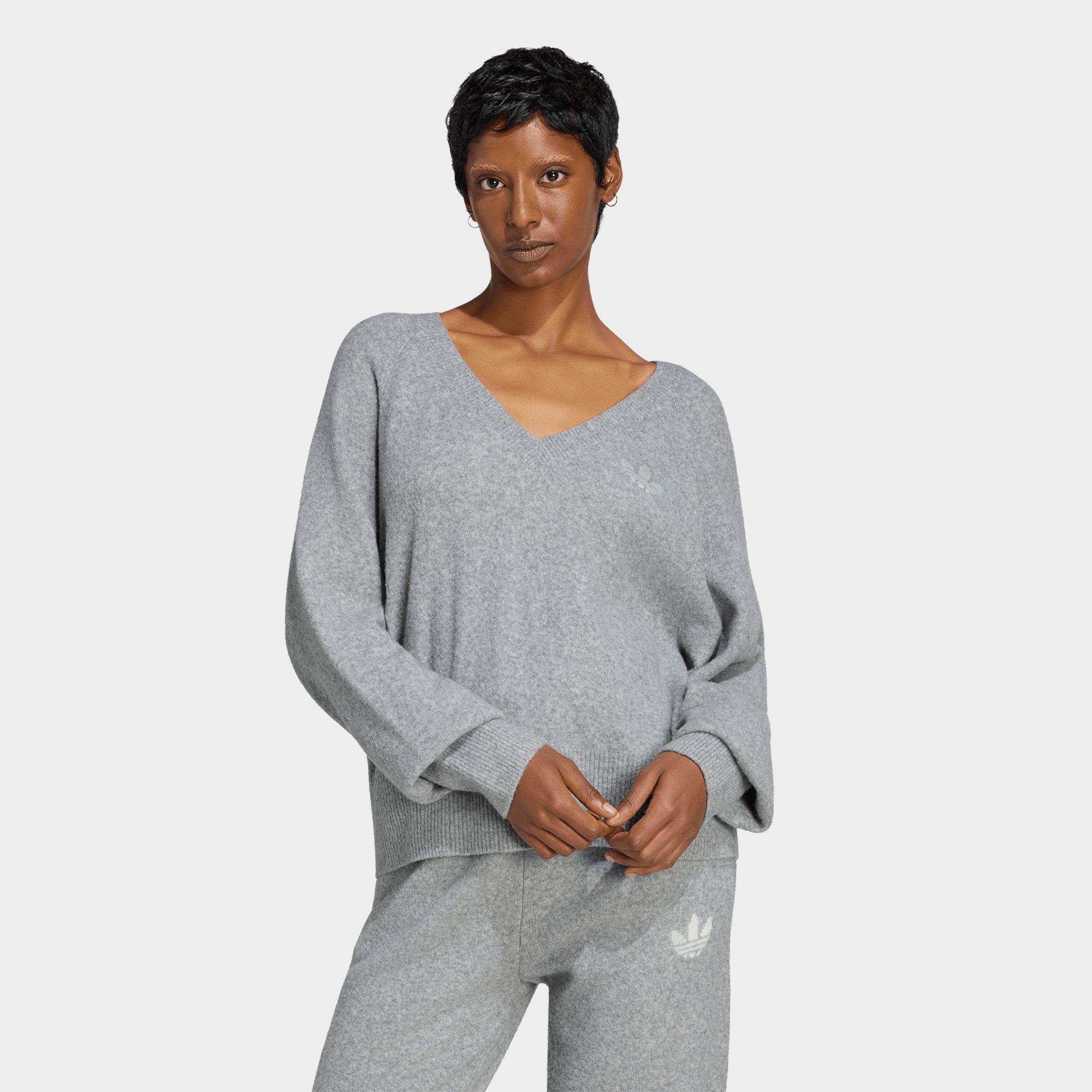 adidas Women's Originals Essentials Knit V-Neck Sweatshirt in Medium Grey Heather Size: XS