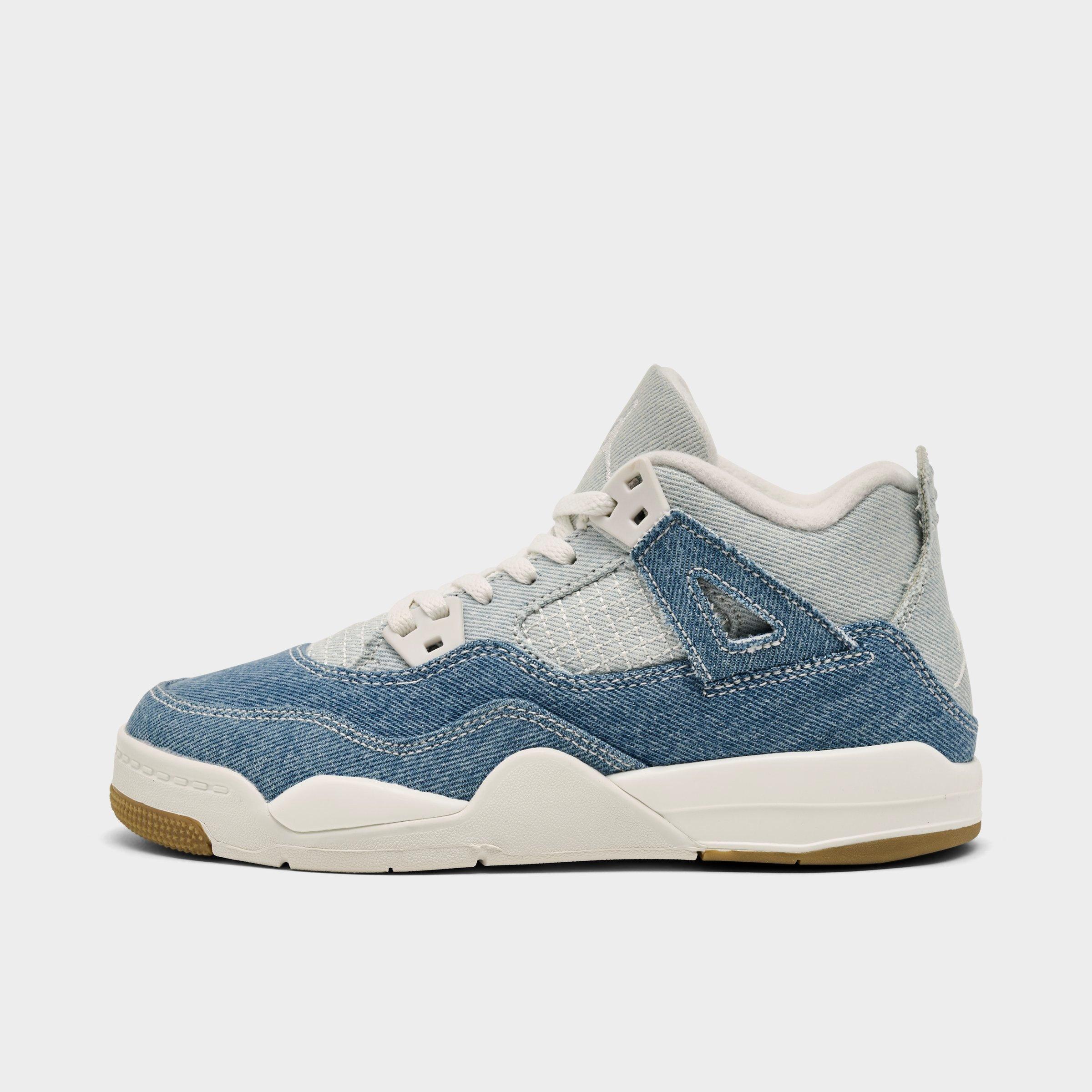 Jordan Little Kids Air Retro 4 Textile Basketball Shoes in Sail/Gum Light Brown/Worn Blue Size: 1.0