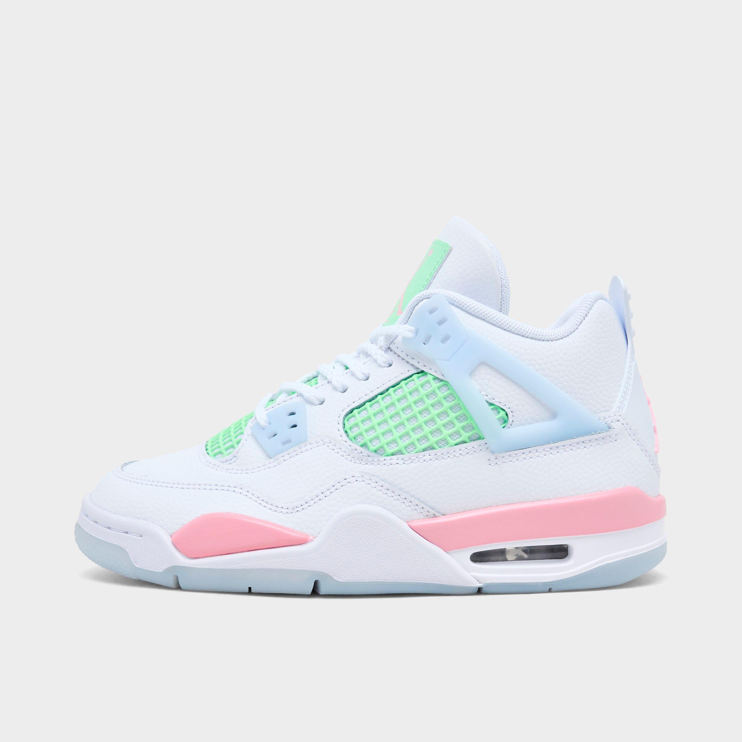 Jordan Girls' Big Kids Air Retro 4 Basketball Shoes in White/Medium Soft Pink/Half Blue Size: 3.5