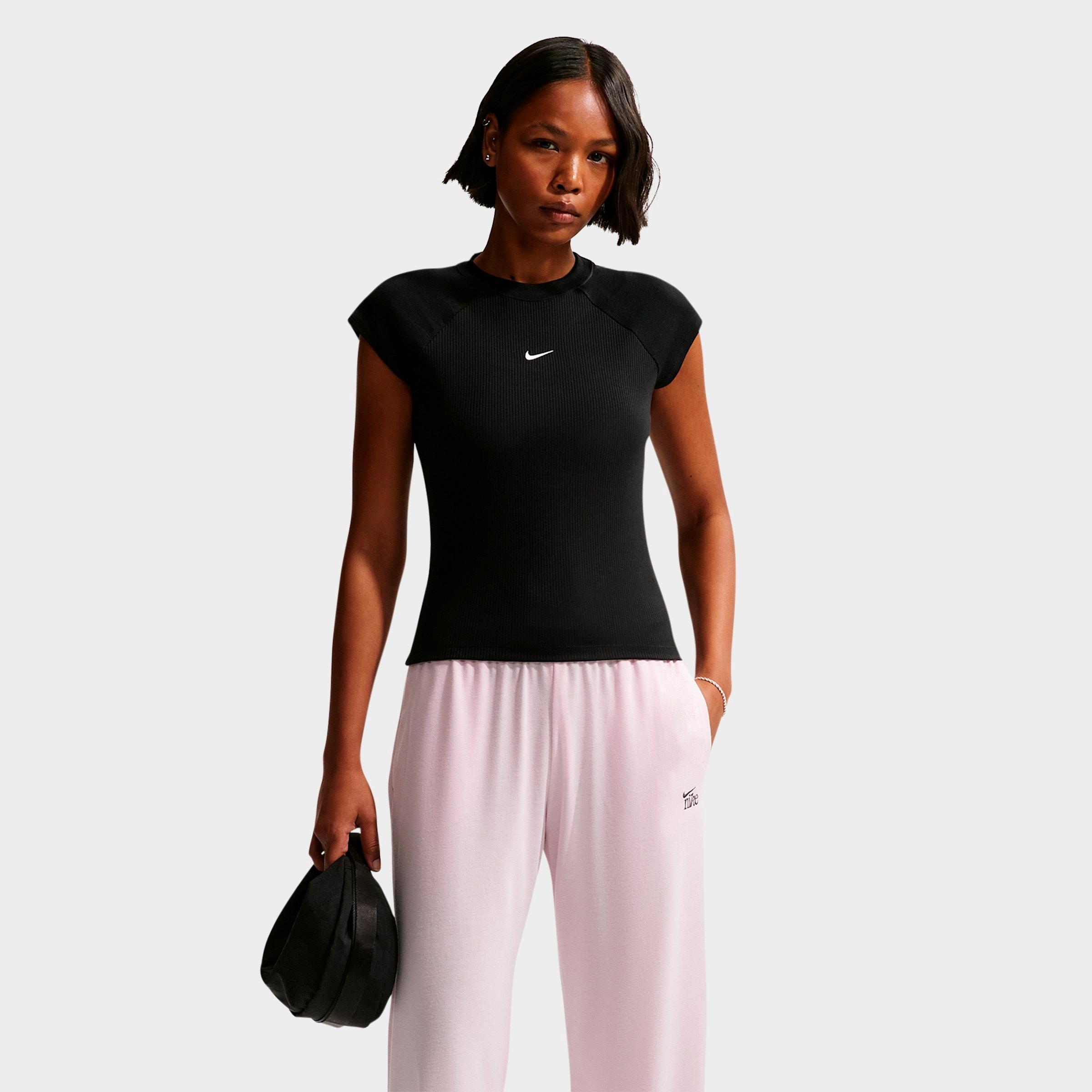 Nike Women's Sportswear Chill Knit Tight Short-Sleeve Ribbed Top in Black/Sail Size: Small