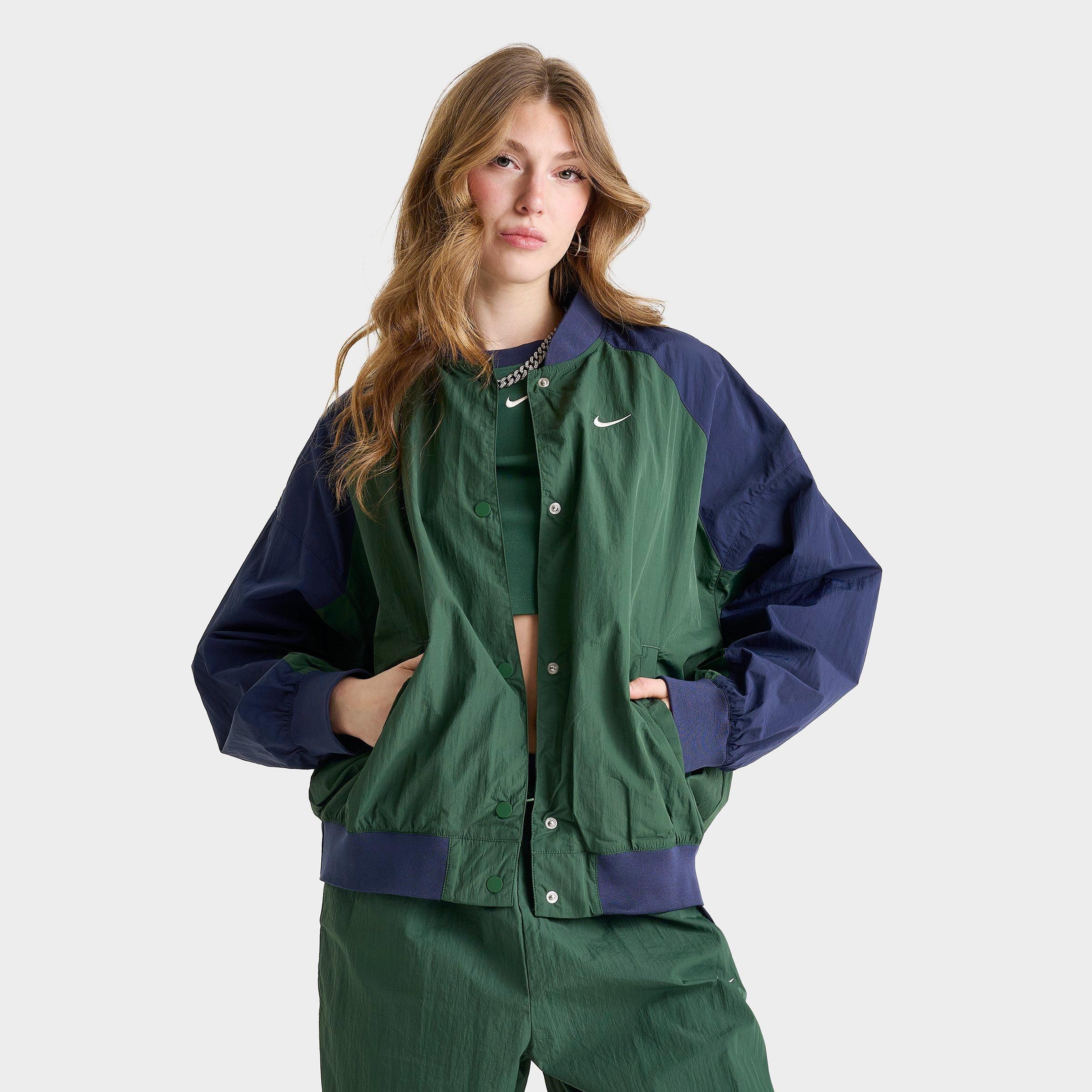 Nike Women's Sportswear Oversized Varsity Jacket in Fir/Midnight Navy/Chalk Size: Small