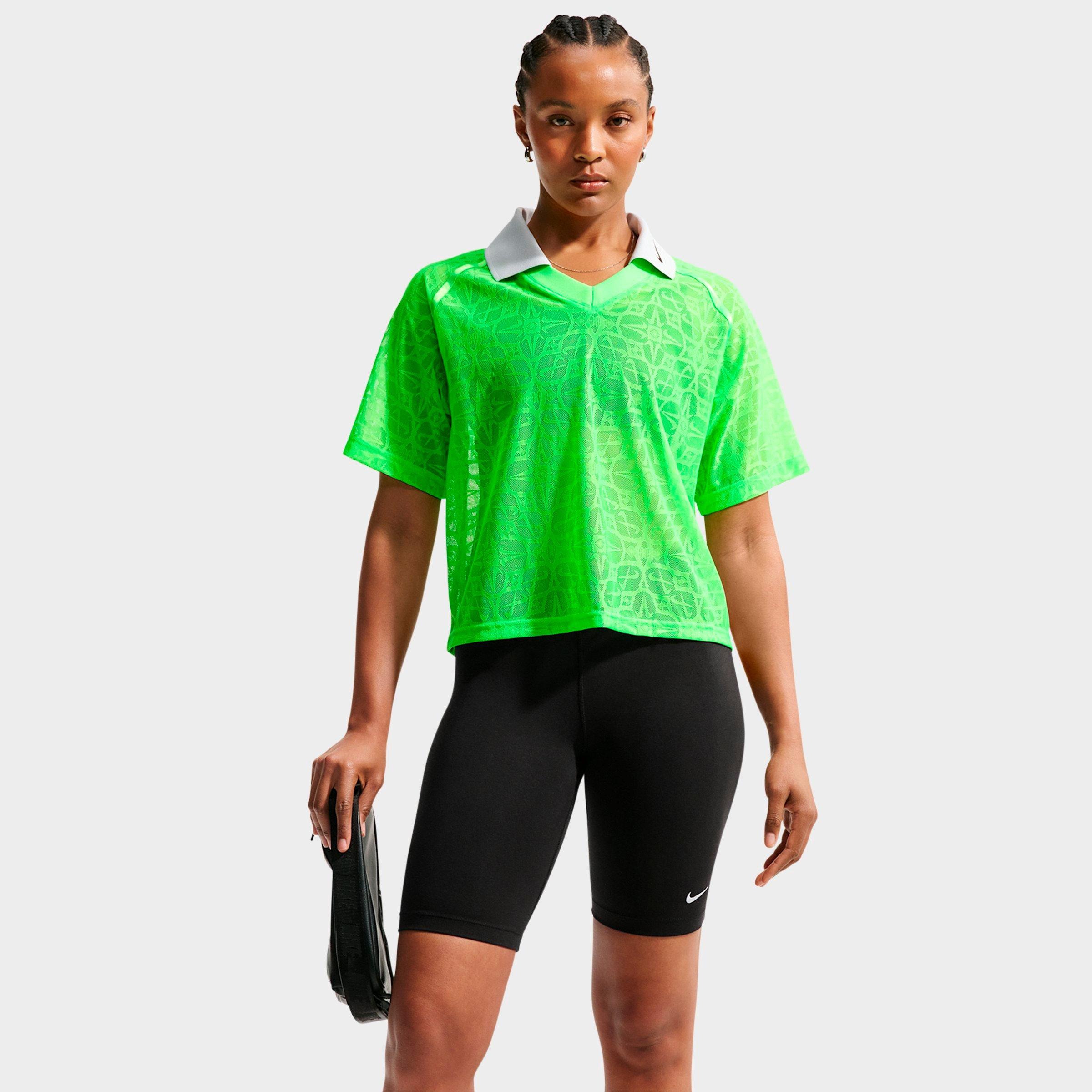 Nike Women's Sportswear Loose Lace Polo Jersey Top in Green Strike/Pure Platinum/Black Size: 2XL