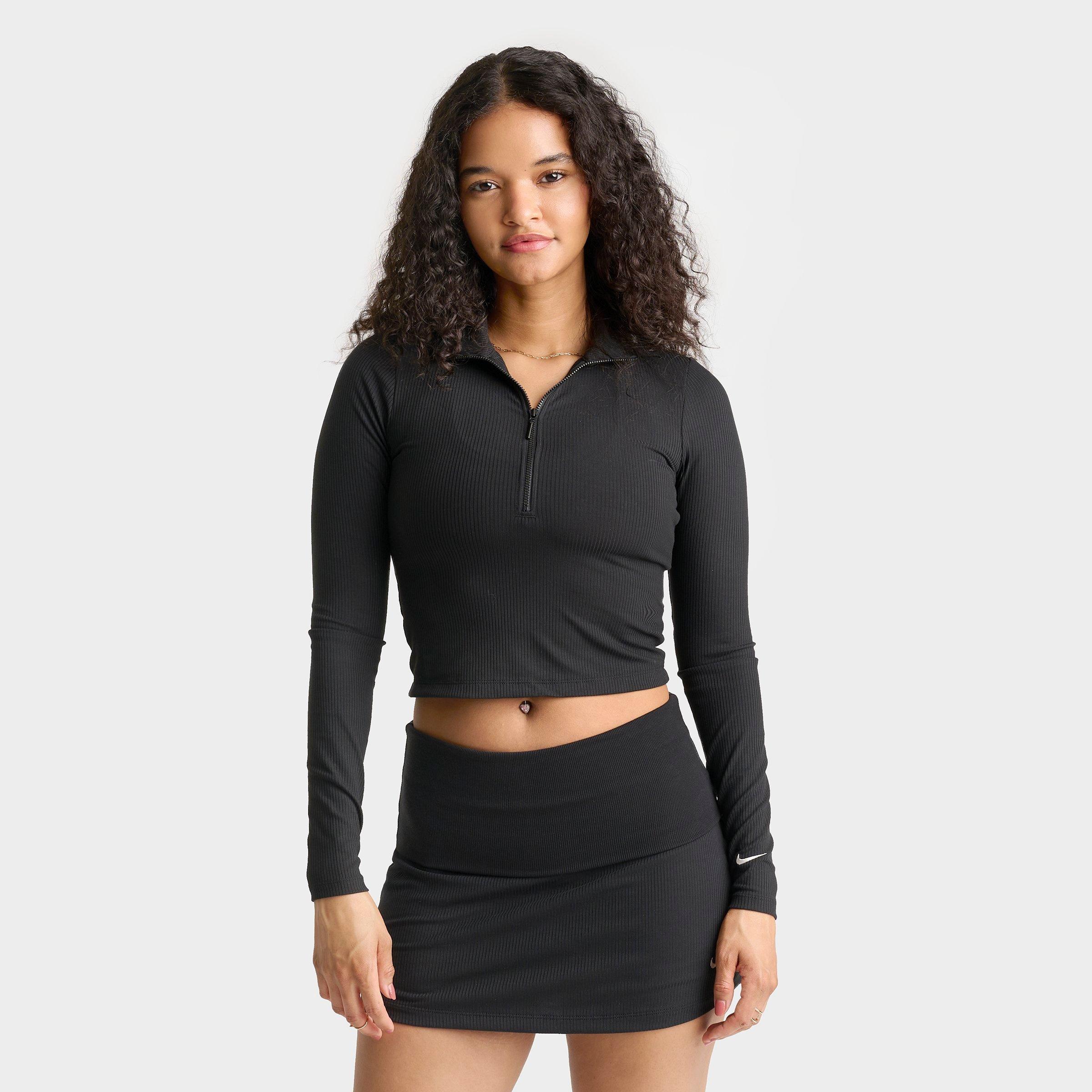 Nike Women's Sportswear Chill Knit Quarter-Zip Long-Sleeve Ribbed Top in Black/Sail Size: XL