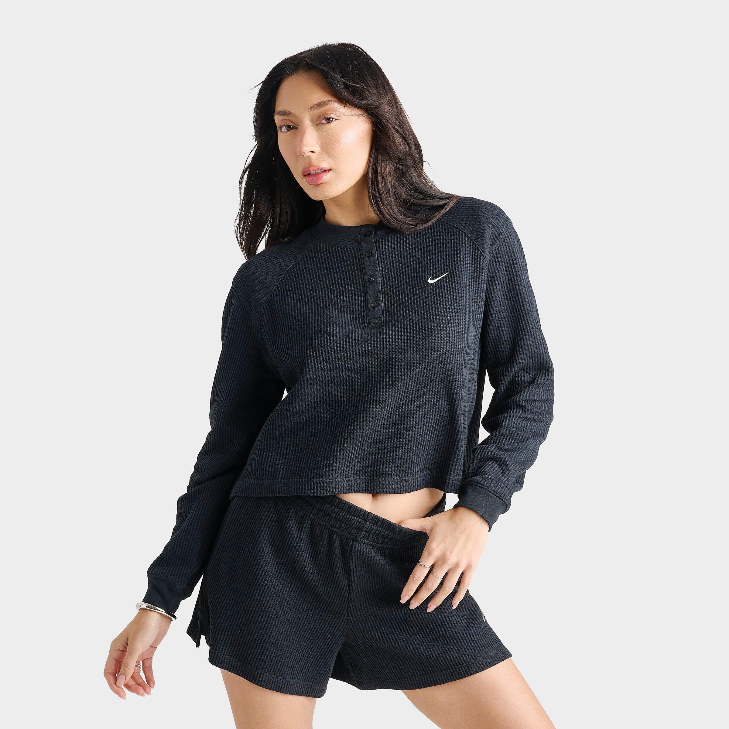 Nike Women's Sportswear Chill Waffle Oversized Long-Sleeve Henley Top in Black/Sail Size: